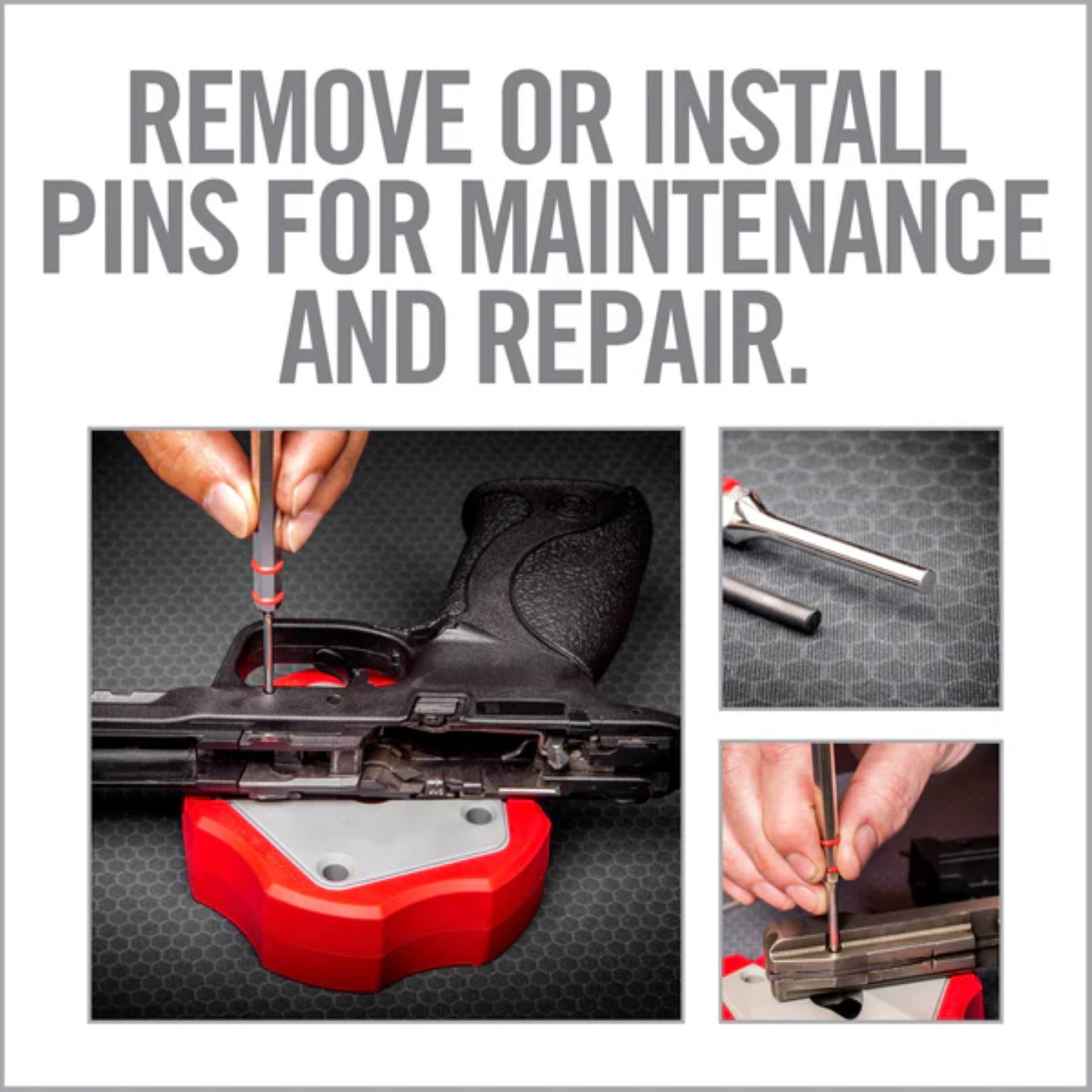 Real Avid Armorer's Master Hammer & Accu-Punch 11-Piece Standard Pin Punch Set: Kit professionale per manutenzione armi. Include un martello ergonomico con 4 testine intercambiabili (acciaio, ottone, nylon, gomma) e un set di 11 cacciaspine in acciaio temprato con custodia rigida e supporto Pin Alignment Tool. Ideale per lavorazioni di precisione e rimozione sicura dei perni.