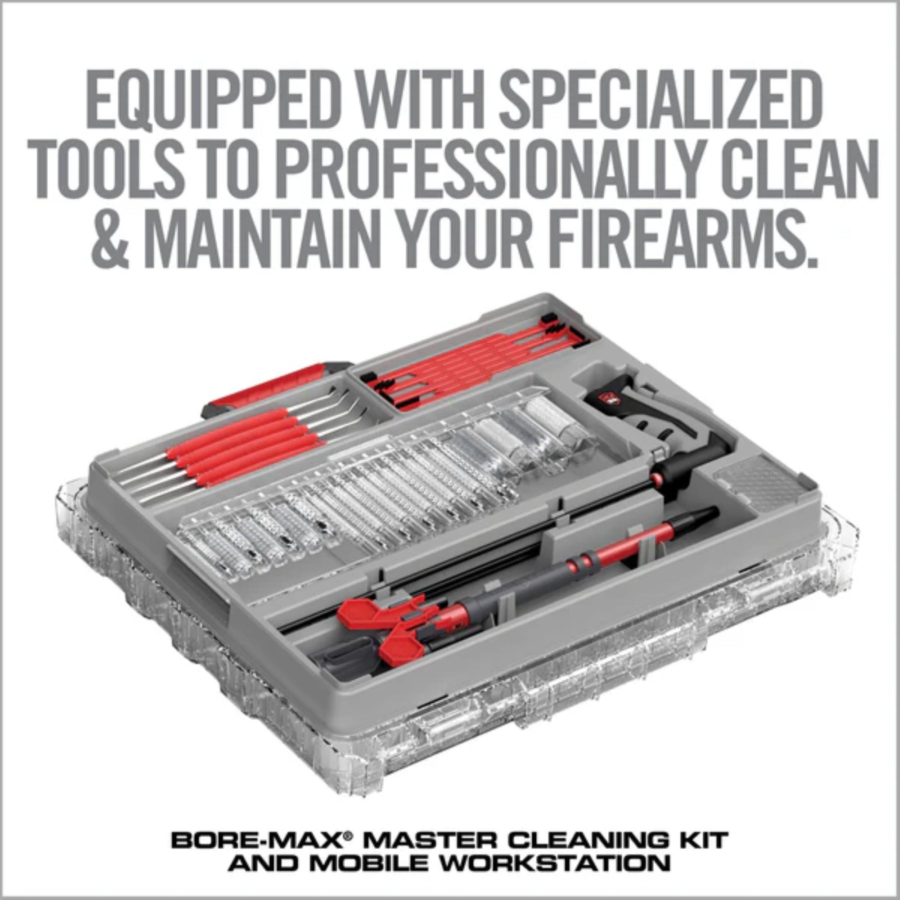 Real Avid Bore-Max Master Cleaning Kit and Mobile Workstation: Kit di pulizia professionale completo per armi, custodito in una valigetta rigida trasparente che funge da stazione di lavoro mobile. Include scovoli Bore-Max, patch Speed Clean e accessori di precisione organizzati in scomparti dedicati. Massima efficienza e protezione per la manutenzione sul campo o in officina.