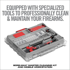 Real Avid Bore-Max Master Cleaning Kit and Mobile Workstation: Kit di pulizia professionale completo per armi, custodito in una valigetta rigida trasparente che funge da stazione di lavoro mobile. Include scovoli Bore-Max, patch Speed Clean e accessori di precisione organizzati in scomparti dedicati. Massima efficienza e protezione per la manutenzione sul campo o in officina.