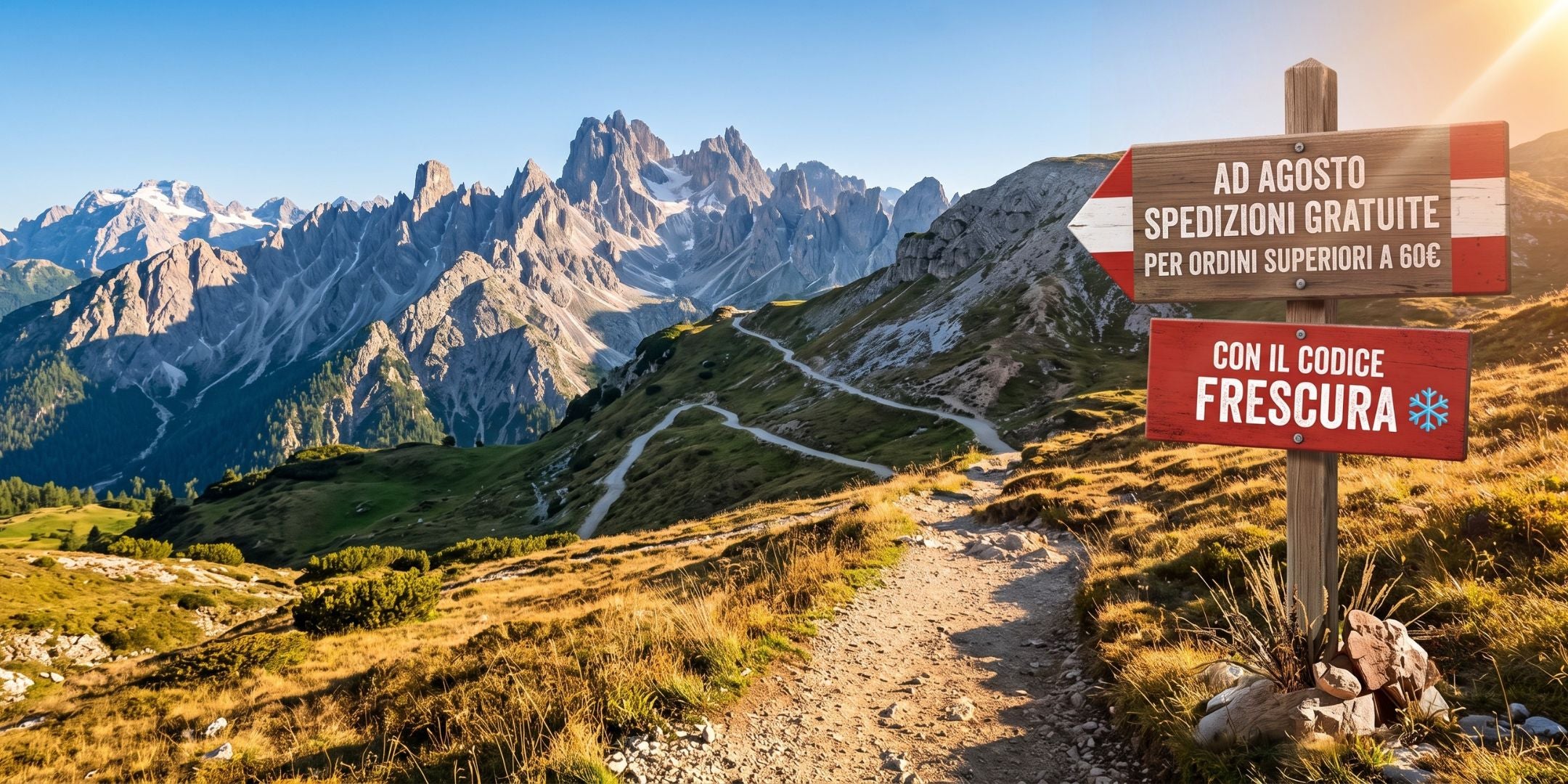 Backpacco Promo Agosto banner con sentiero di montagna e cartello in legno. Offerta ad agosto spedizioni gratuite per ordini superiori a 60 euro con il codice sconto FRESCURA