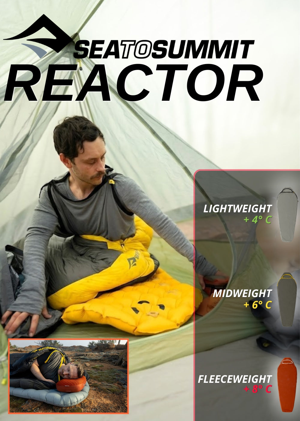 Sea to Summit Reactor sacco lenzuolo termico in tre versioni Lightweight piu 4 gradi Midweight piu 6 gradi e Fleeceweight piu 8 gradi. Un campeggiatore all interno di una tenda indossa il liner per aumentare il calore del sacco a pelo. Grafica informativa con specifiche tecniche.