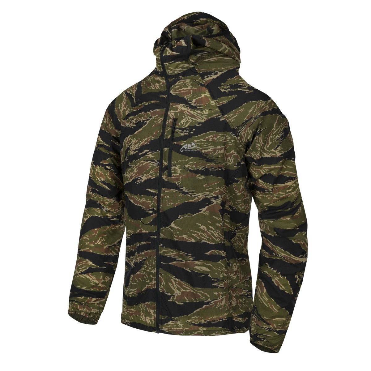 Giacca a vento Helikon-Tex Tramontane in Windpack Nylon, colore Tiger Stripe, vista frontale — ultraleggera, antivento e comprimibile