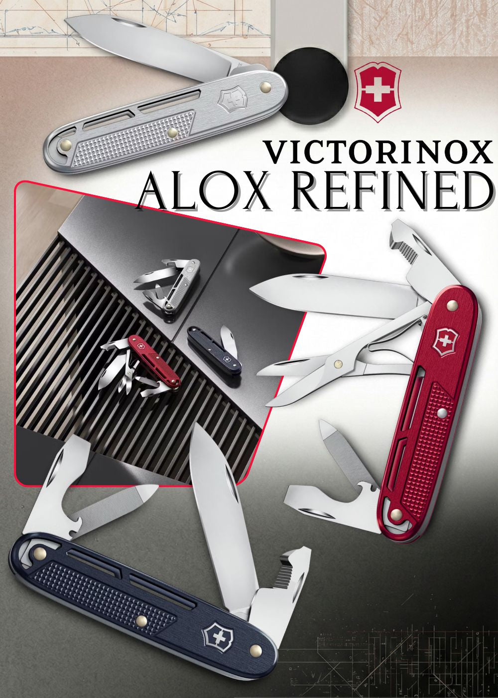 Victorinox Serie Alox Refined. Banner promozionale collezione coltelli multiuso con guancette in alluminio zigrinato e design scheletrato. Grafica che mostra i modelli Synergy e Onefold con lame e forbici aperte in ambientazione lifestyle e su sfondo chiaro. Nuova linea elegante di strumenti EDC.