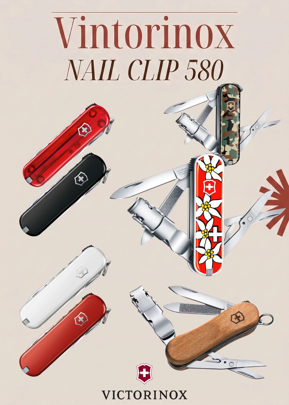 Victorinox Nail Clip 580 tagliaunghie multifunzione svizzero con lame e accessori estratti. Banner che mostra diverse varianti di colore classiche e trasparenti, oltre alle versioni camouflage e con decorazione floreale edelweiss. Logo ufficiale Victorinox in evidenza.