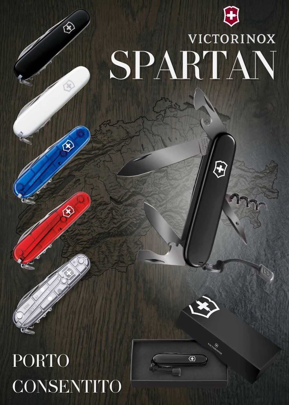 Victorinox Spartan Coltello Multiuso Svizzero con 12 funzioni tra cui lama grande, cavatappi e apriscatole. Composizione grafica con diverse varianti di colore, scatola regalo e sfondo con mappa topografica. Testo in evidenza Porto Consentito.