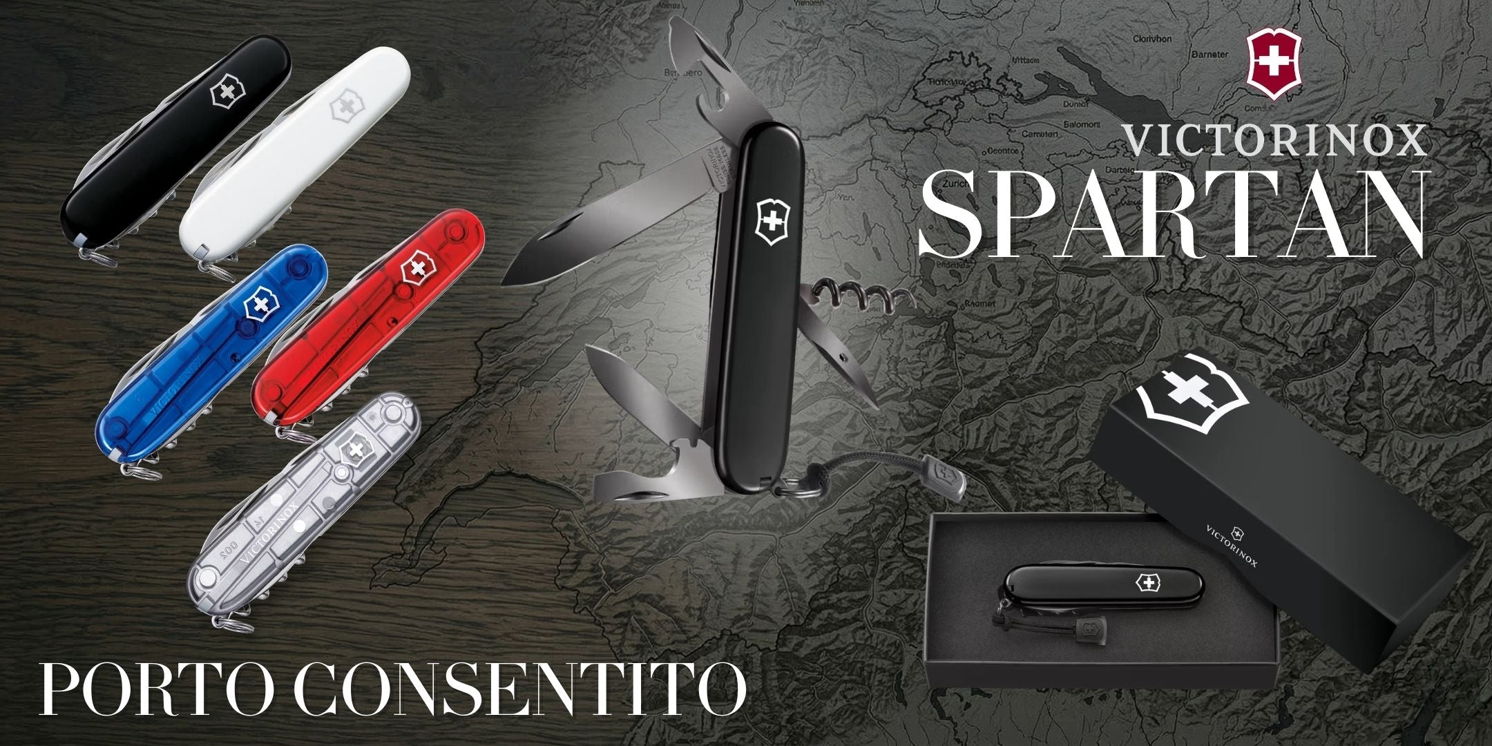 Victorinox Spartan Coltello Multiuso Svizzero con 12 funzioni tra cui lama grande, cavatappi e apriscatole. Composizione grafica con diverse varianti di colore, scatola regalo e sfondo con mappa topografica. Testo in evidenza Porto Consentito.