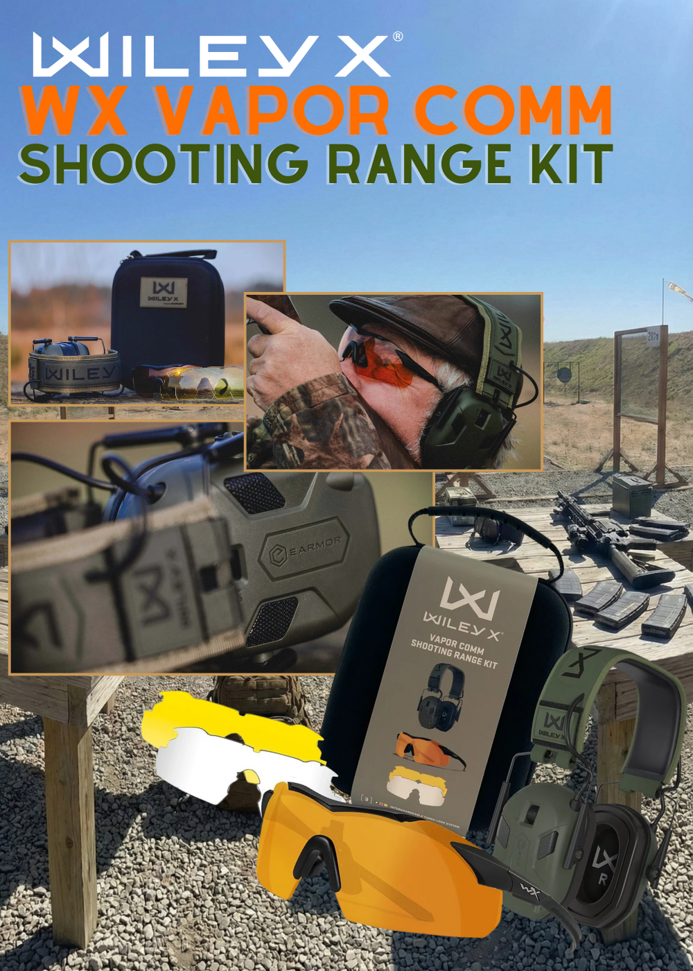 Wiley X WX Vapor Comm Shooting Range Kit Set professionale per la protezione dell'udito e della vista composto da occhiali balistici con lenti intercambiabili ad alto contrasto e cuffie elettroniche Earmor attive ideale per sessioni di tiro dinamico e addestramento tattico in poligono
