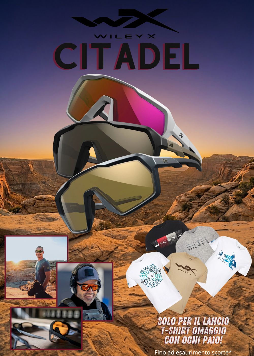 Wiley X Citadel occhiali sportivi monolente con protezione balistica e design avvolgente. Banner promozionale ambientato in scenario desertico con diverse varianti di lenti e montature. Promo lancio inclusa con t-shirt omaggio Wiley X fino a esaurimento scorte.