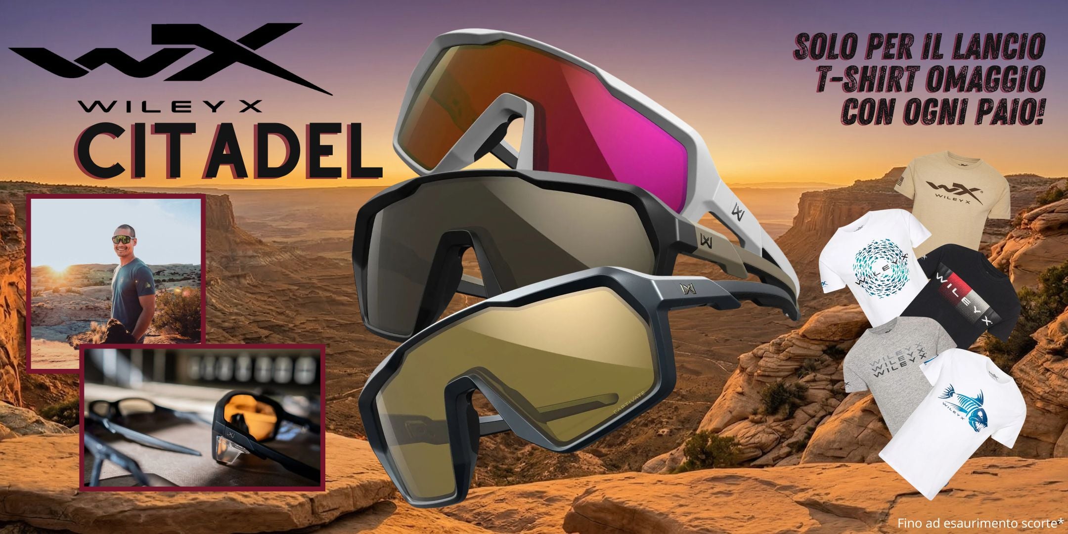 Wiley X Citadel occhiali sportivi monolente con protezione balistica e design avvolgente. Banner promozionale ambientato in scenario desertico con diverse varianti di lenti e montature. Promo lancio inclusa con t-shirt omaggio Wiley X fino a esaurimento scorte.