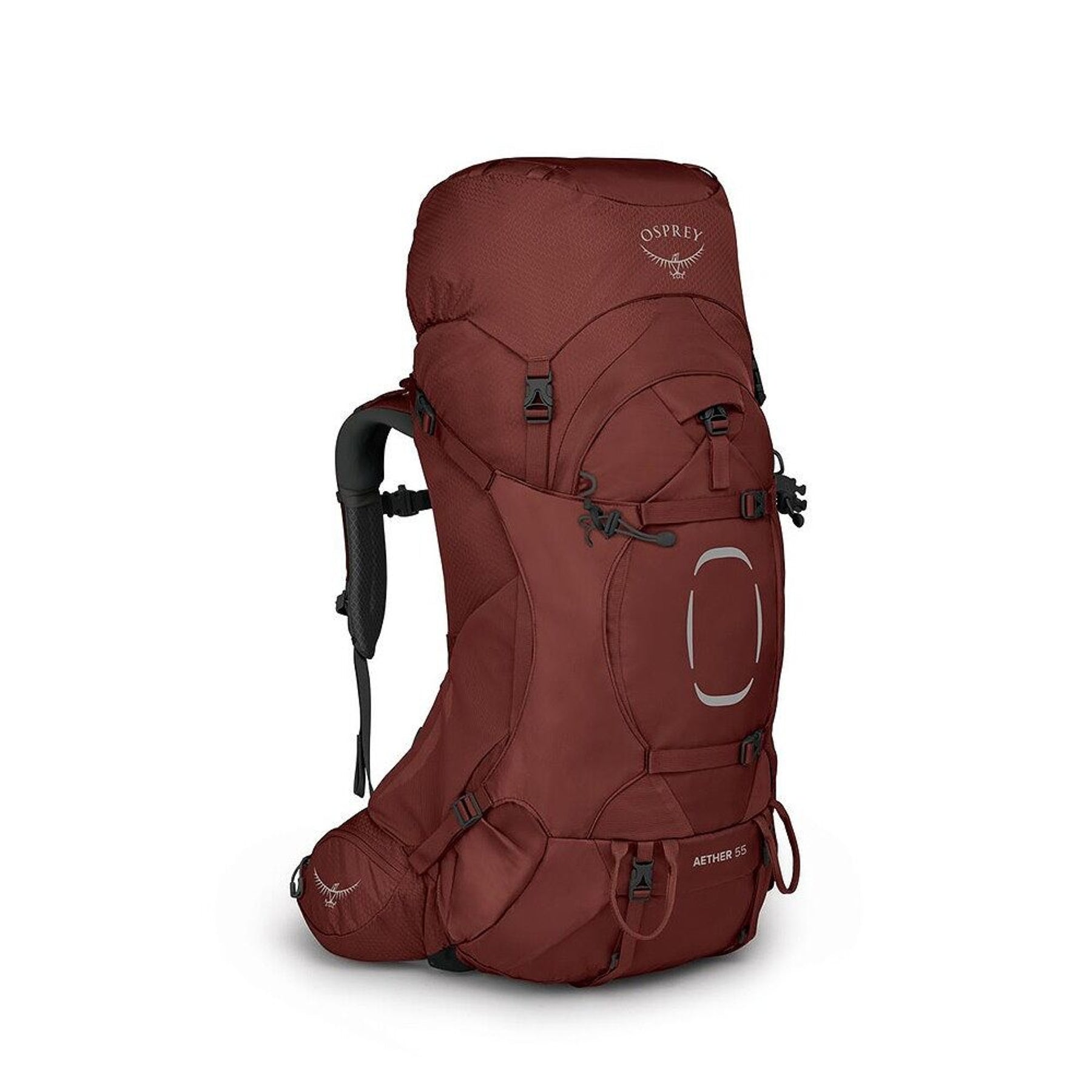 Osprey Aether 55 zaino tecnico da trekking da 55 litri con schienale regolabile AirScape, cintura Fit-on-the-Fly, accesso frontale con cerniera a U, attacchi per bastoncini e copertura antipioggia integrata, ideale per escursioni plurigiornaliere e backpacking.