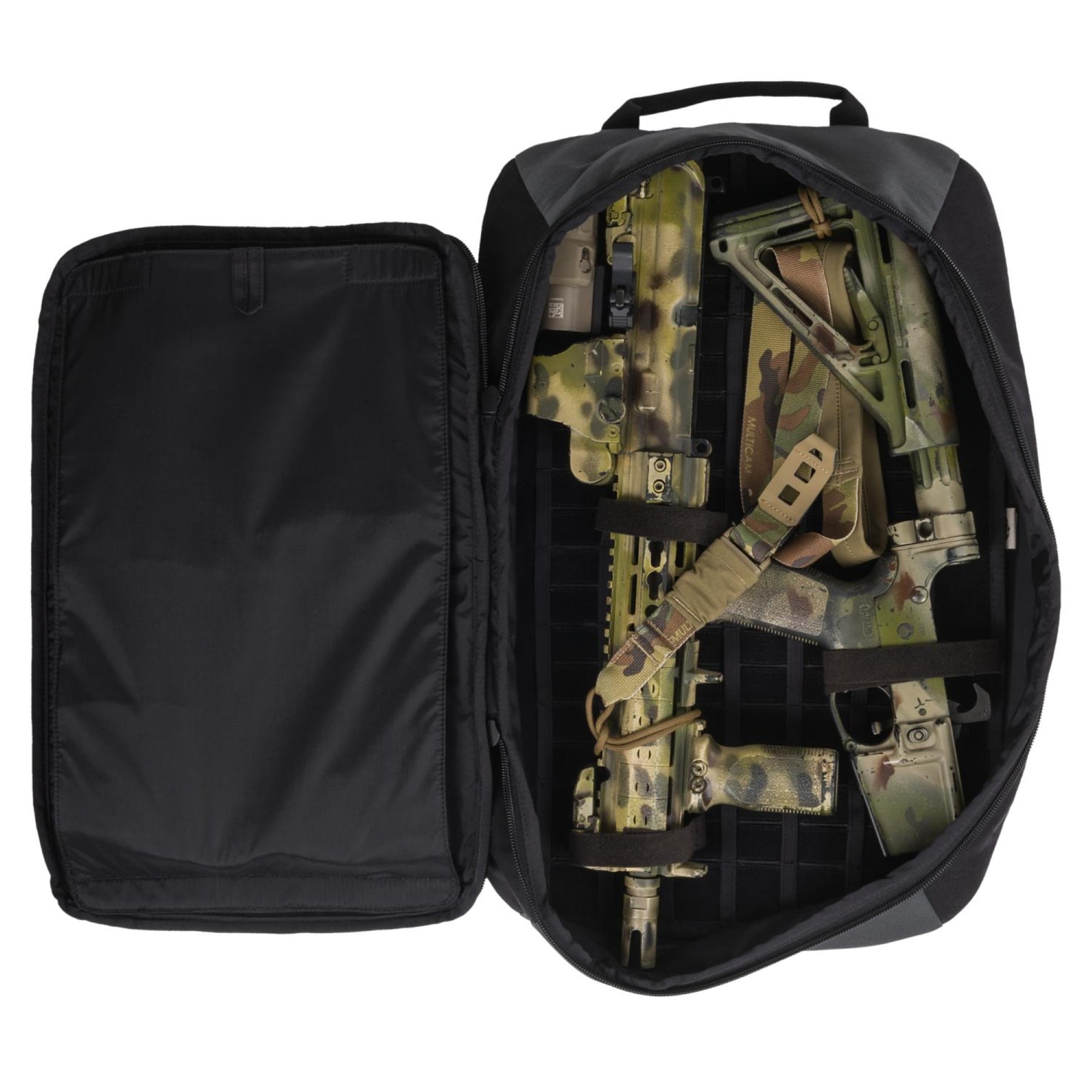 Zaino tattico DIRECT ACTION DRAGONFLY LOW PROFILE GUN PACK da 13.5 litri in design compatto grigio e nero, con spallacci imbottiti, maniglia laterale e doppio scomparto - ideale per uso militare, urbano, su backpacco.it