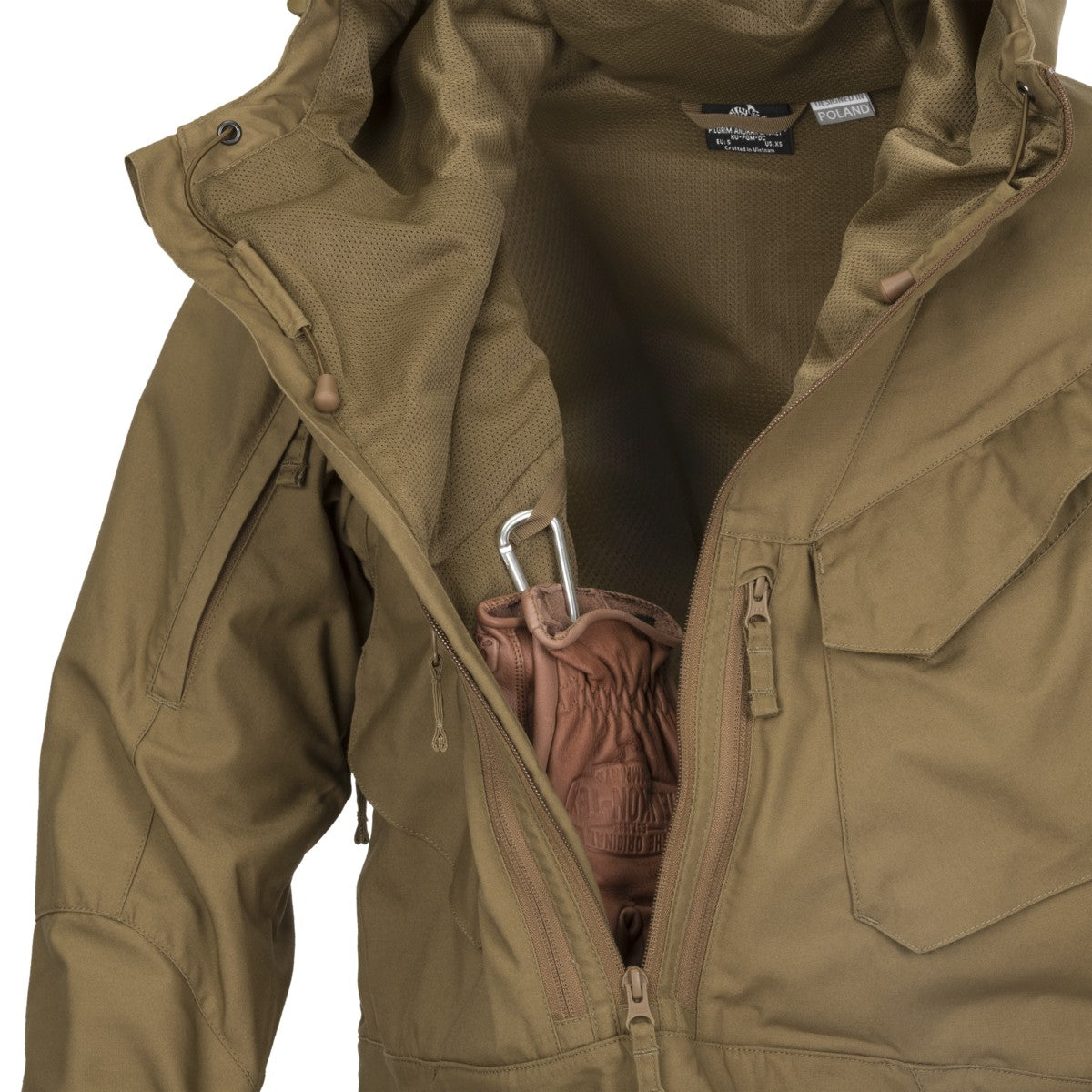 Helikon-Tex Pilgrim Anorak: tasca a marsupio frontale aperta (dettaglio)