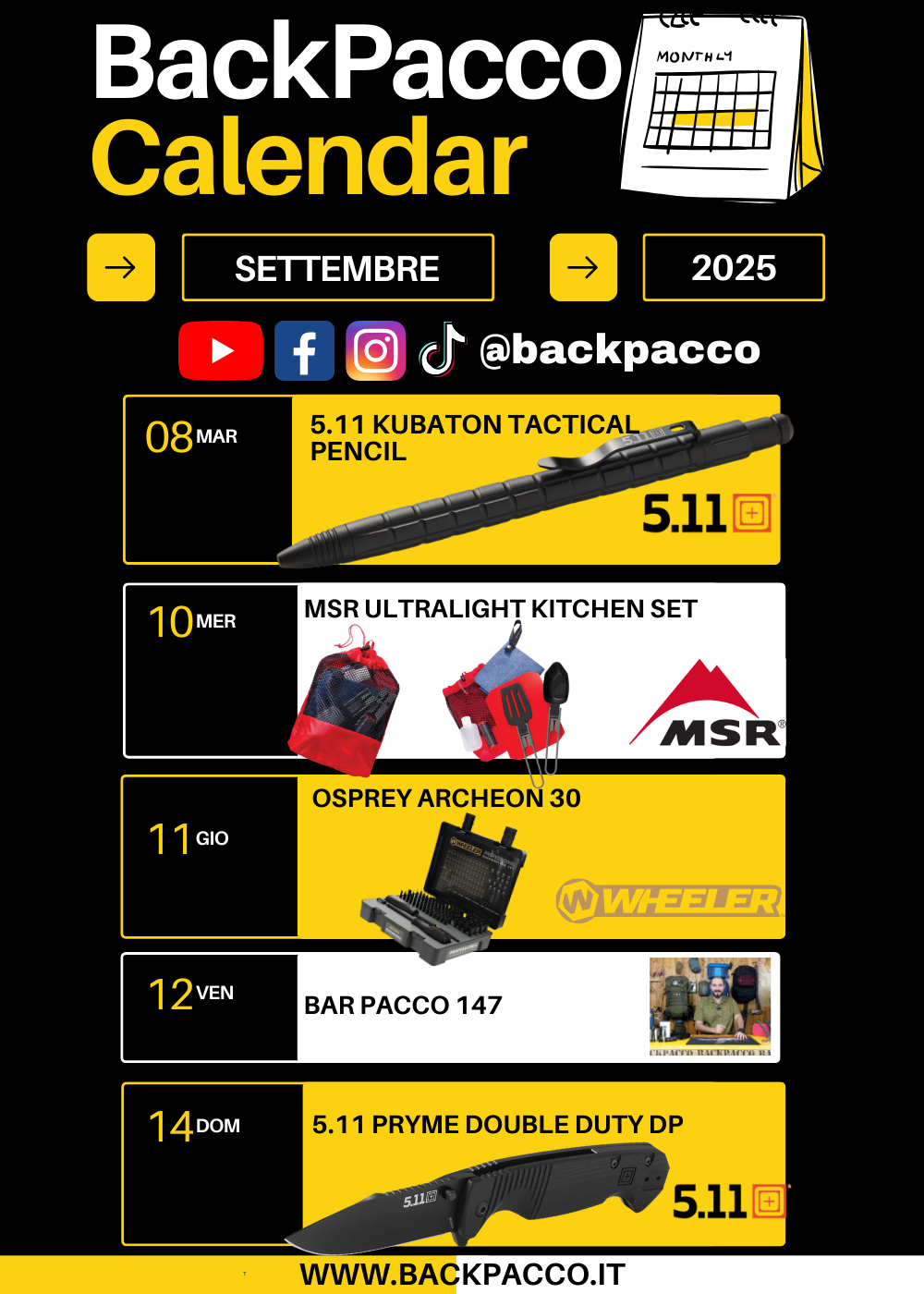 Calendario promozionale BackPacco settembre 2025 con lancio giornaliero di accessori tattici e outdoor da brand come 5.11, MSR, Wheeler