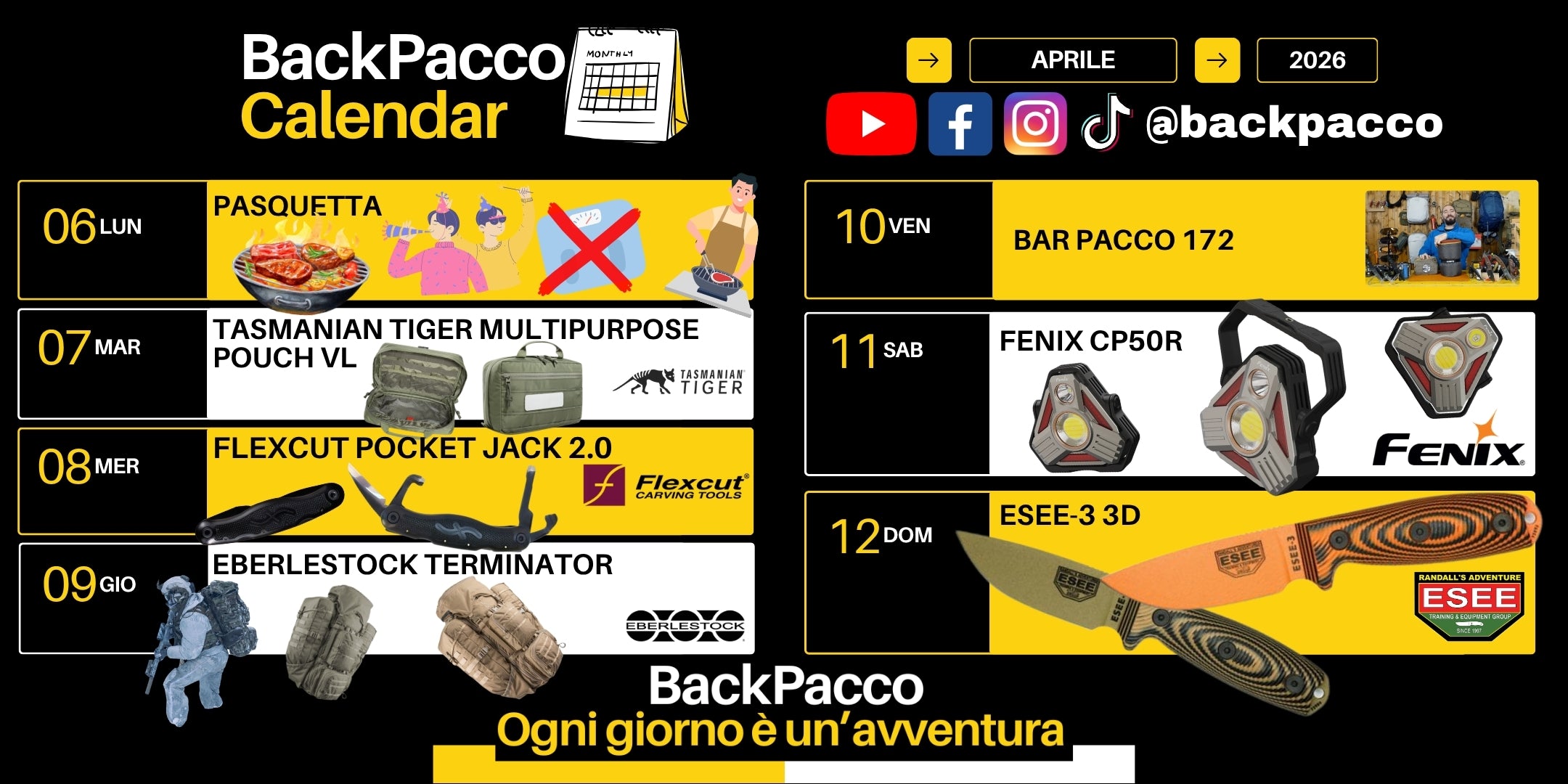 BackPacco Calendar Aprile 2026 – programma video settimana 6-12 aprile: Tasmanian Tiger Multipurpose Pouch VL, Flexcut Pocket Jack 2.0, Eberlestock Terminator, Bar Pacco 172, Fenix CP50R, ESEE-3 3D – ogni giorno è un'avventura