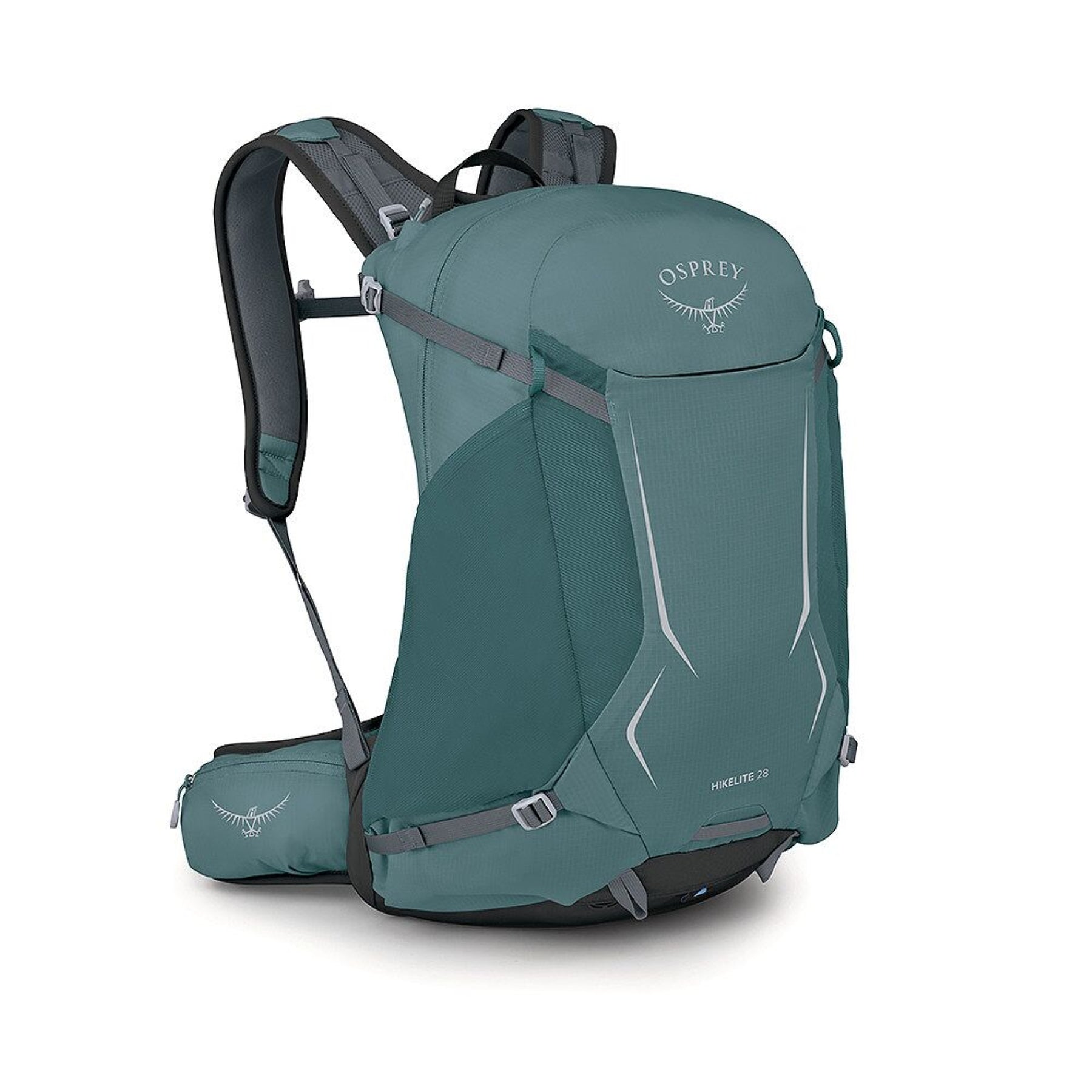 Osprey Hikelite 28 zaino da trekking da 28 litri con schienale ventilato AirSpeed in rete sospesa, tasca frontale shove-it, cintura imbottita con tasche, cinghie di compressione e copertura antipioggia integrata. Zaino tecnico per escursionismo giornaliero e outdoor.