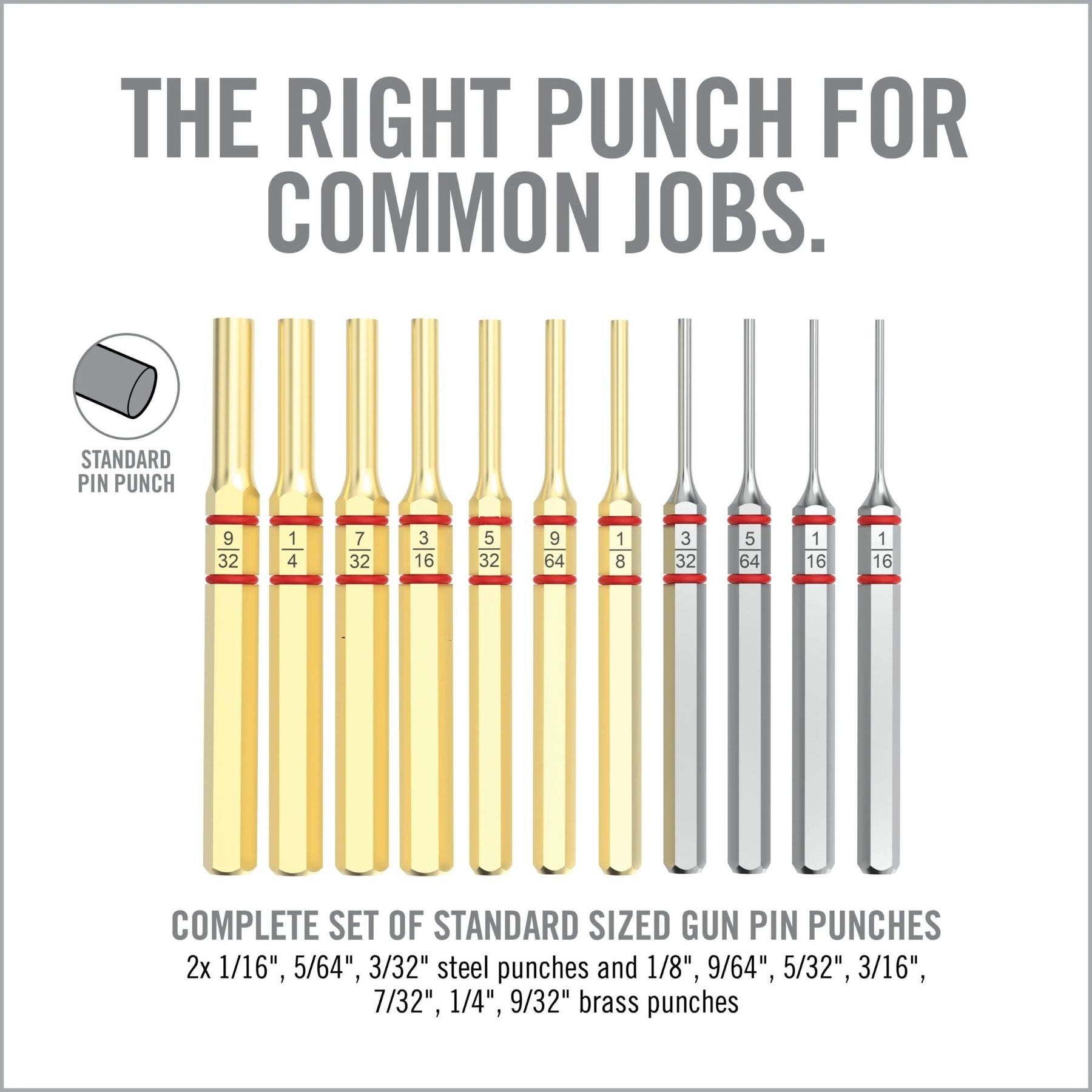 Real Avid Accu-Punch 11-Piece Standard Brass & Steel Pin Punch Set Kit professionale di cacciaspine in ottone e acciaio temprato con custodia rigida organizzata e misure incise per manutenzione armi e armeria di precisione