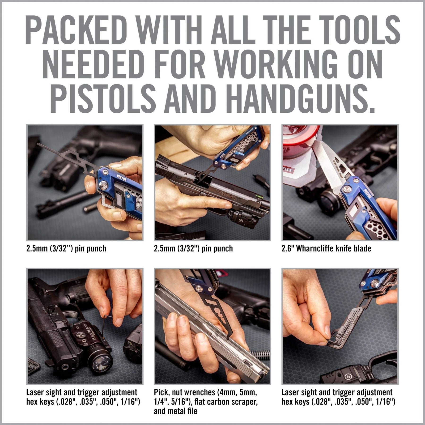 Real Avid Gun Tool Edge Pistol Multitool specifico per la manutenzione e la regolazione di pistole semiautomatiche e revolver dotato di raschietto per depositi di carbonio punzone per perni chiavi esagonali integrati in un design compatto e resistente ideale per l uso in poligono e il porto quotidiano