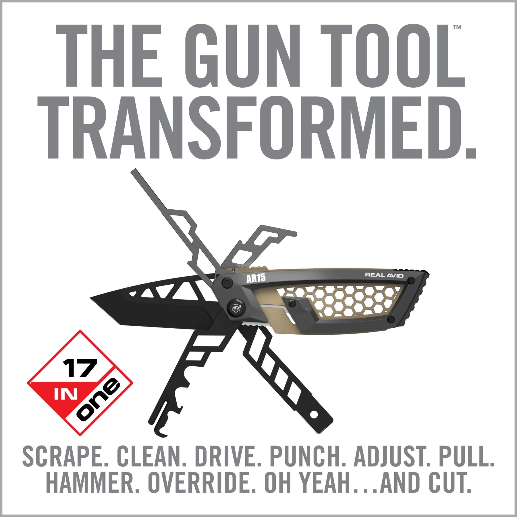 Real Avid Gun Tool Edge AR15 Multitool tascabile specifico per la piattaforma AR15 con raschietto per gruppo otturatoredal design compatto a scheletro per manutenzione rapida e regolazione
