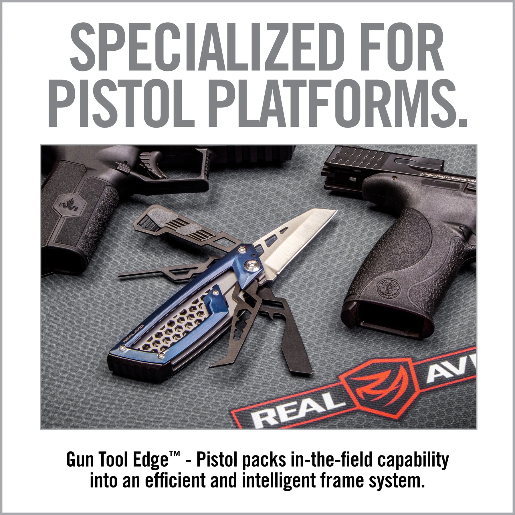 Real Avid Gun Tool Edge Pistol Multitool specifico per la manutenzione e la regolazione di pistole semiautomatiche e revolver dotato di raschietto per depositi di carbonio punzone per perni chiavi esagonali integrati in un design compatto e resistente ideale per l uso in poligono e il porto quotidiano