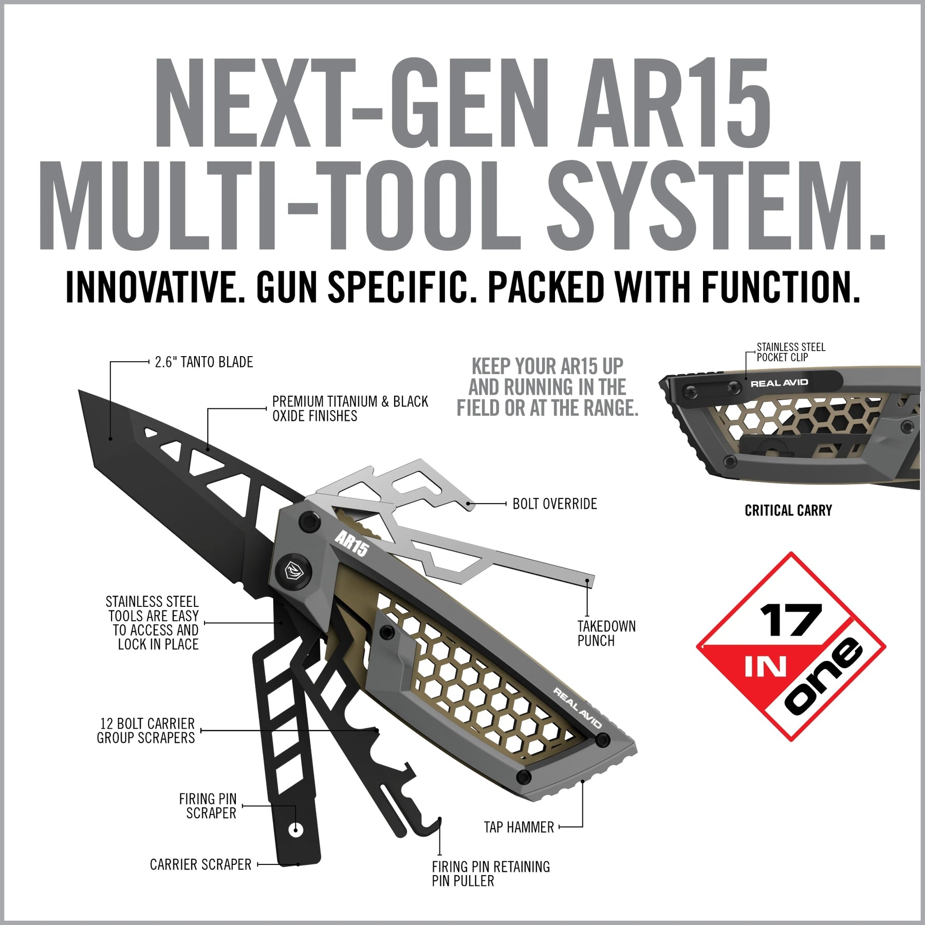 Real Avid Gun Tool Edge AR15 Multitool tascabile specifico per la piattaforma AR15 con raschietto per gruppo otturatoredal design compatto a scheletro per manutenzione rapida e regolazione