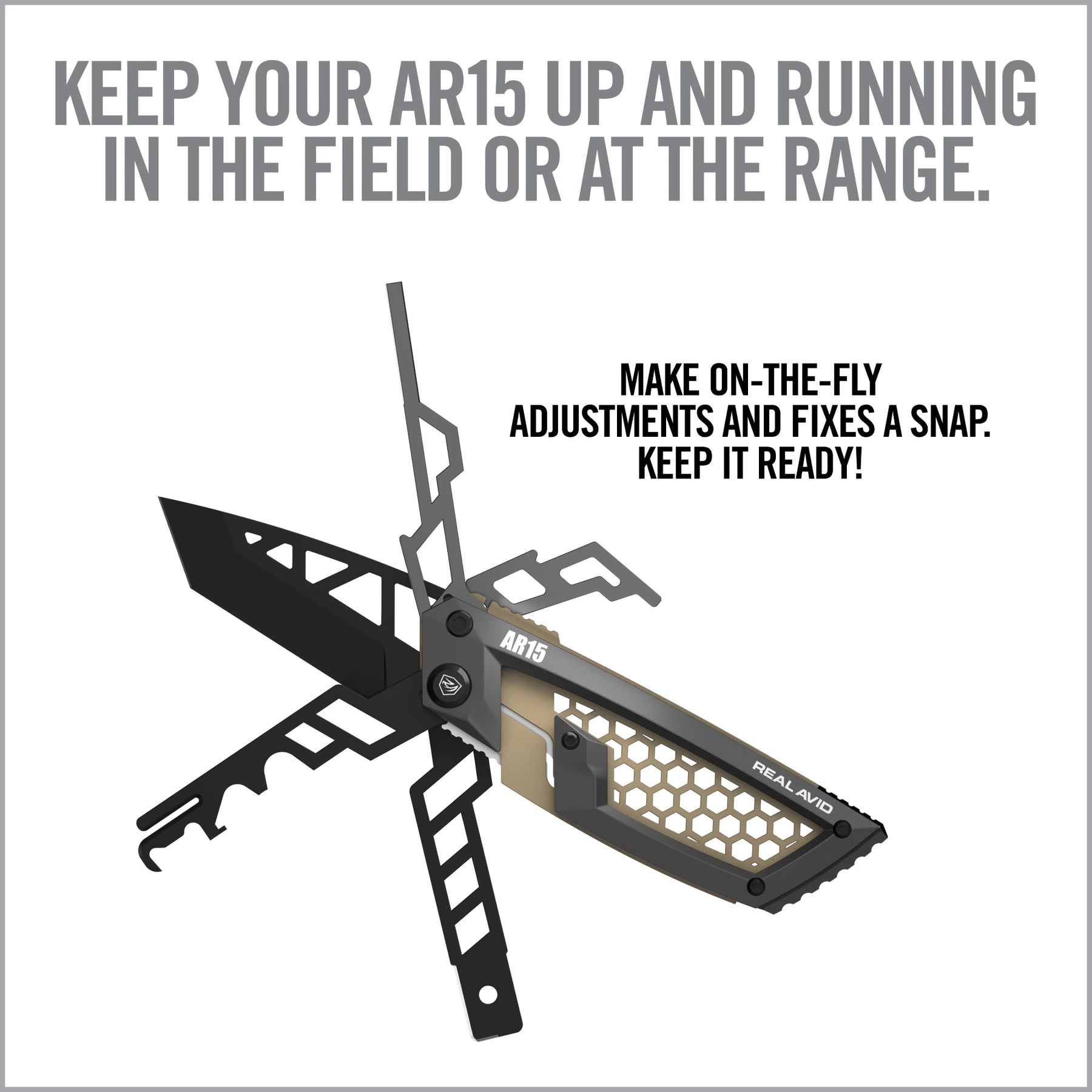 Real Avid Gun Tool Edge AR15 Multitool tascabile specifico per la piattaforma AR15 con raschietto per gruppo otturatoredal design compatto a scheletro per manutenzione rapida e regolazione
