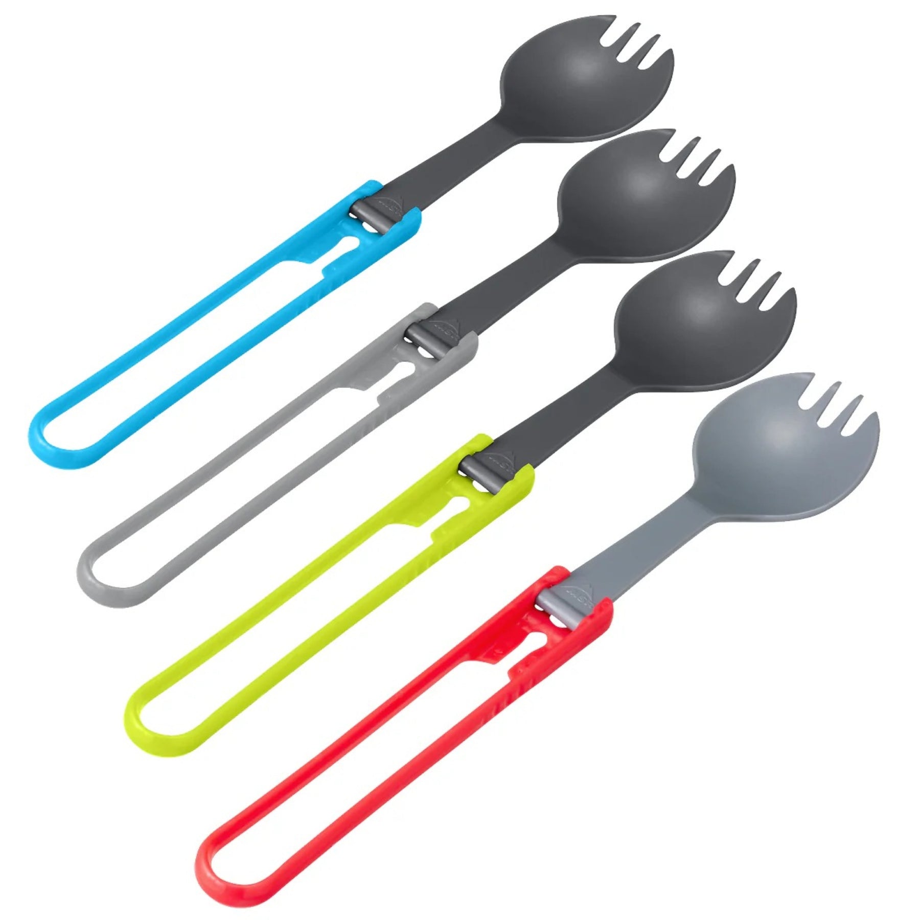 MSR Folding Utensils: Serie di posate pieghevoli realizzate in nylon rinforzato resistente al calore. La linea comprende cucchiai, forchette e spork (posate ibride cucchiaio-forchetta) caratterizzati da un manico colorato pieghevole con meccanismo di bloccaggio a scatto. Il design ultraleggero e compatto permette di riporre facilmente le posate all'interno delle tazze e dei kit da cucina MSR, rendendole ideali per trekking e campeggio.