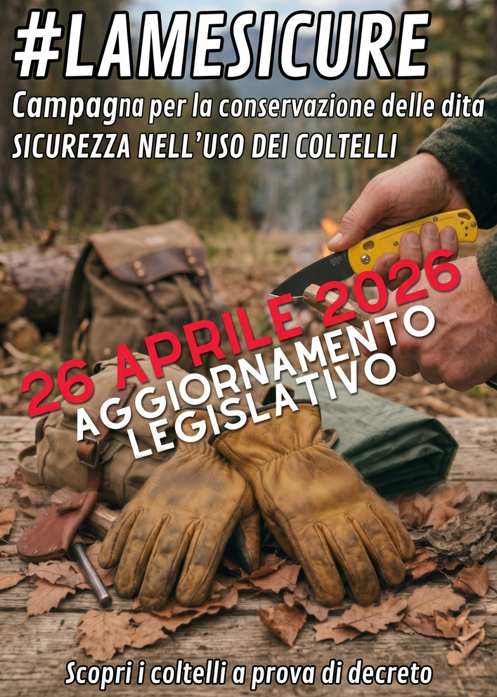 Lamesicure Campagna Sicurezza Coltelli 26 Aprile 2026 Aggiornamento Legislativo. Primo piano di mani che incidono un ramo di legno con un coltello a serramanico giallo su un tavolo da lavoro all'aperto, con guanti tattici e attrezzatura da bushcraft in un contesto boschivo.