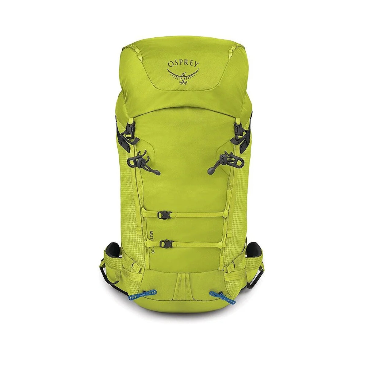 Osprey Mutant 38: Zaino da alpinismo tecnico da 38 litri. Caratterizzato dal sistema Dual ToolLock per piccozze, pannello posteriore antineve e fibbie progettate per l'uso con i guanti. Struttura leggera e snodata ottimizzata per scalate su ghiaccio e roccia, con compressione laterale e punti di aggancio per attrezzatura.