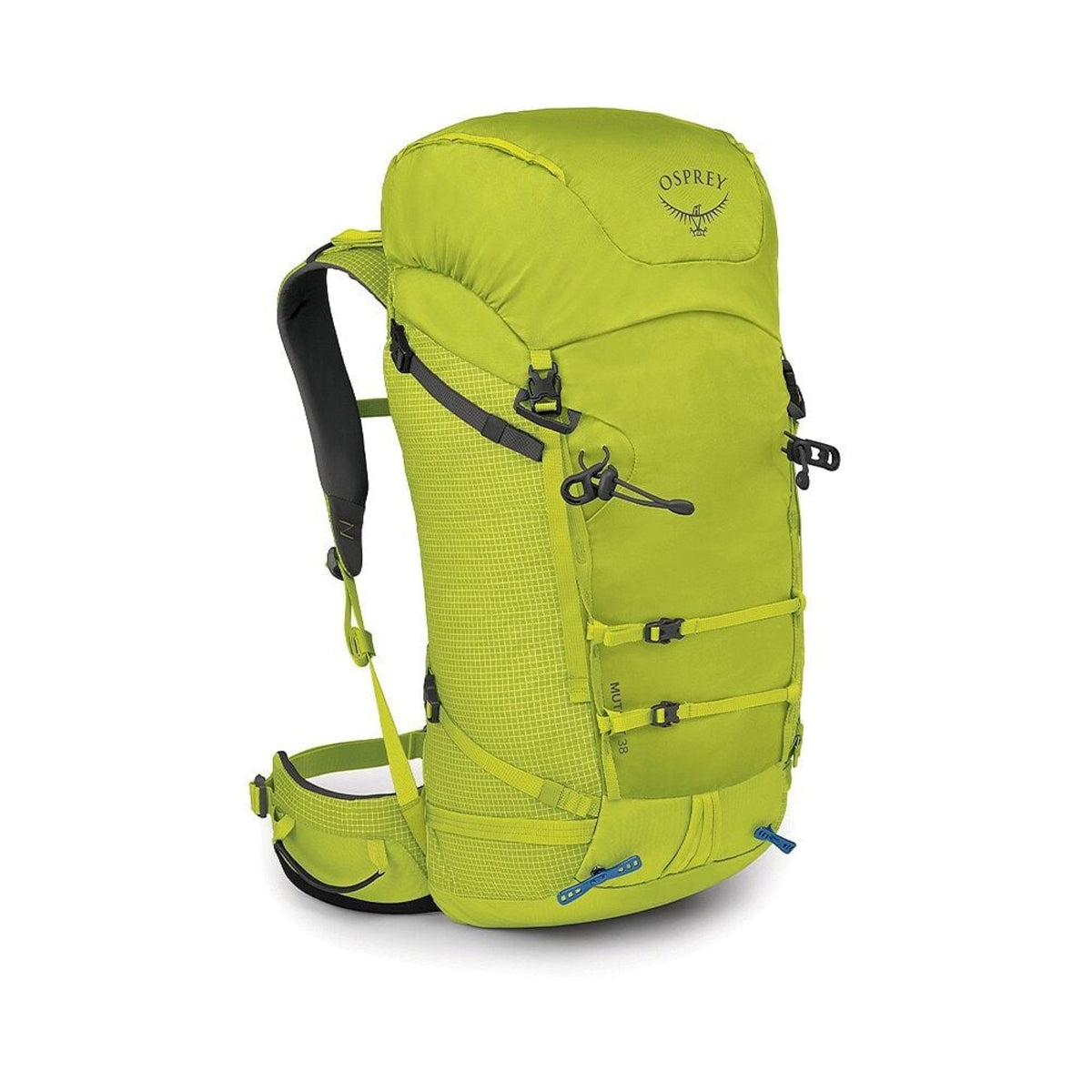 Osprey Mutant 38: Zaino da alpinismo tecnico da 38 litri. Caratterizzato dal sistema Dual ToolLock per piccozze, pannello posteriore antineve e fibbie progettate per l'uso con i guanti. Struttura leggera e snodata ottimizzata per scalate su ghiaccio e roccia, con compressione laterale e punti di aggancio per attrezzatura.