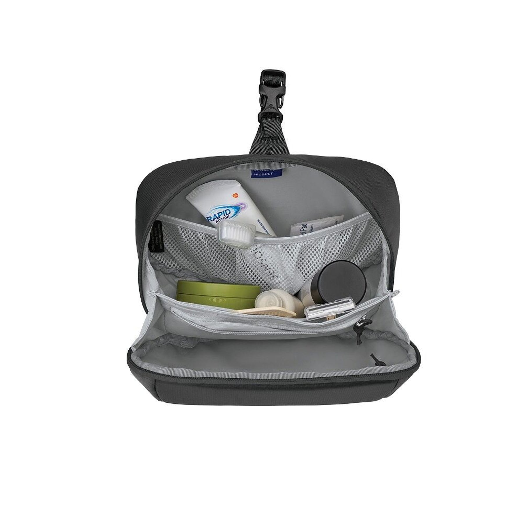 Osprey Ozone Toiletry Bag trousse da viaggio imbottita da 3 litri in nylon riciclato ripstop, dotata di scomparti interni in rete, gancio di sospensione integrato e rivestimento facile da pulire, ideale per organizzare accessori per l'igiene personale in valigia, hotel o campeggio.