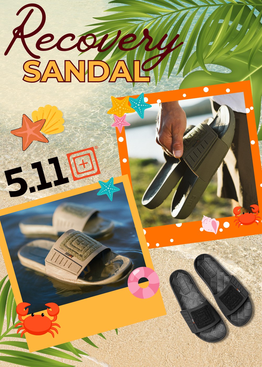 Sandali Recovery 5.11 neri su spiaggia estiva, ideali per il recupero post-attività. Immagine promozionale con dettagli tropicali e scene lifestyle all’aperto.
