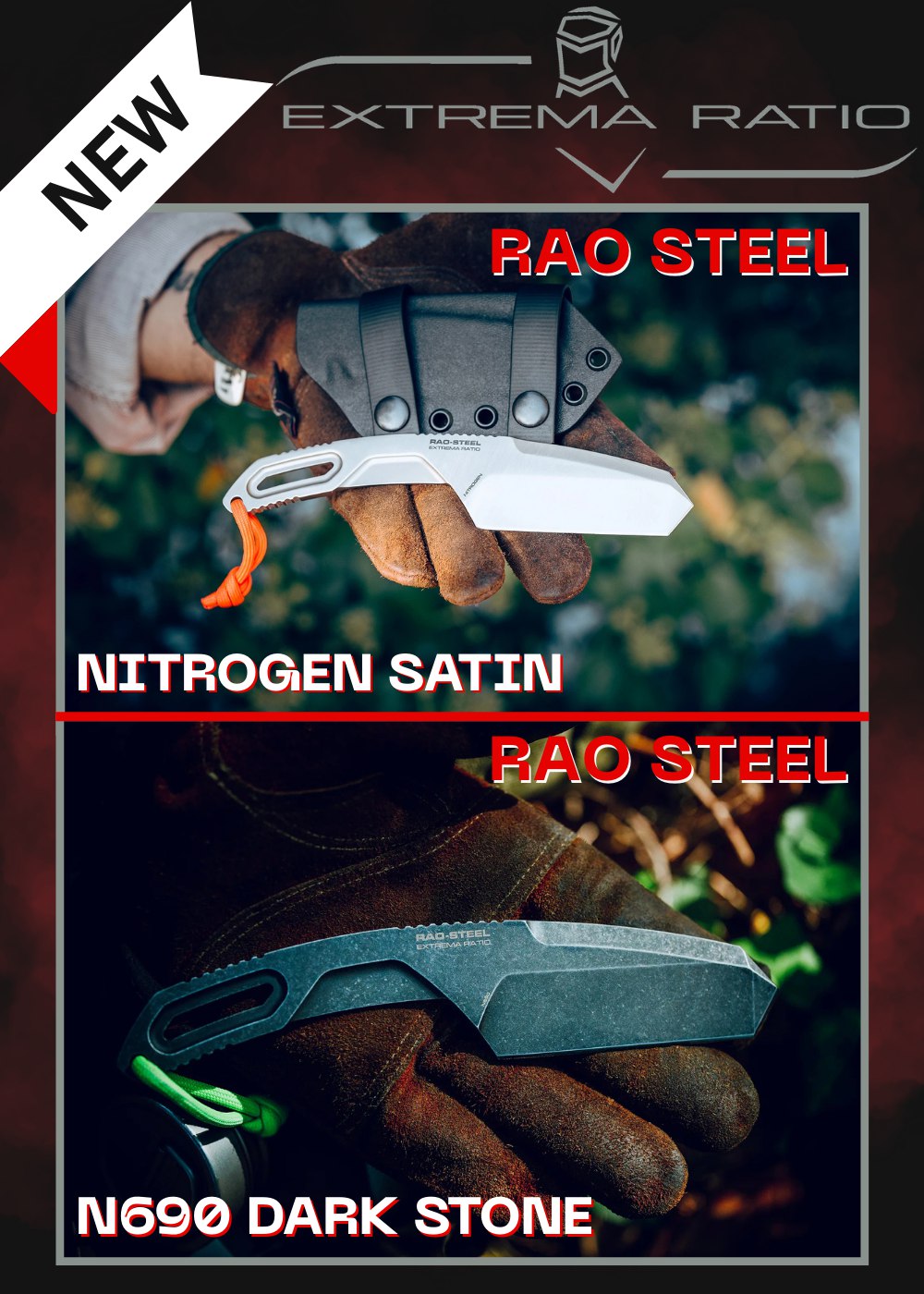 Coltelli Extrema Ratio RAO STEEL NITROGEN SATIN e N690 DARK STONE con finitura satinata e stonewashed, presentati in ambientazione outdoor su sfondo naturale - novità per appassionati di coltelli tattici e survival SU BACKPACCO.IT