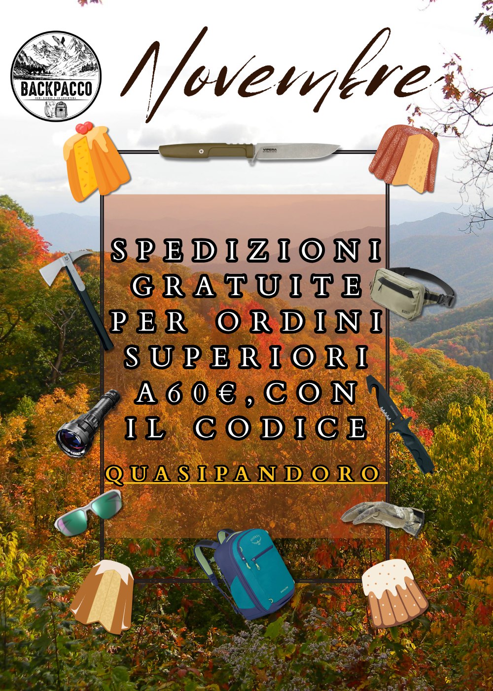 Promozione Novembre Backpacco con spedizioni gratuite per ordini superiori a 60€ (sessanta euro), codice sconto QUASIPANDORO, 
