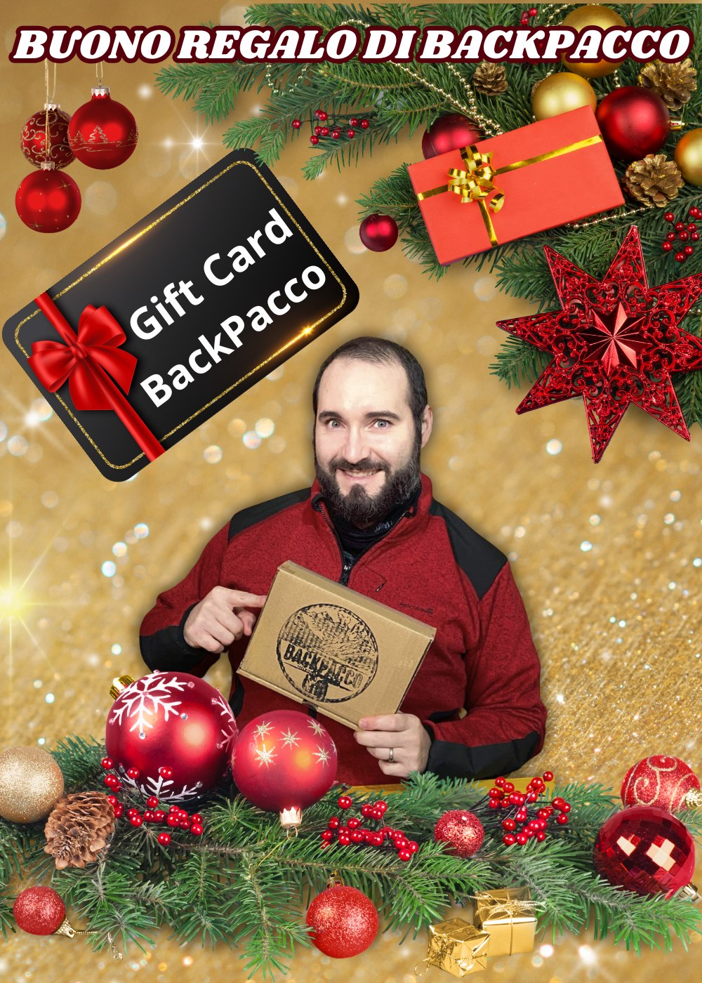 Buono regalo BackPacco Gift Card, banner promozionale di Natale con la foto di un uomo che tiene in mano una scatola del brand e una Gift Card, decorazioni festive rosse e dorate