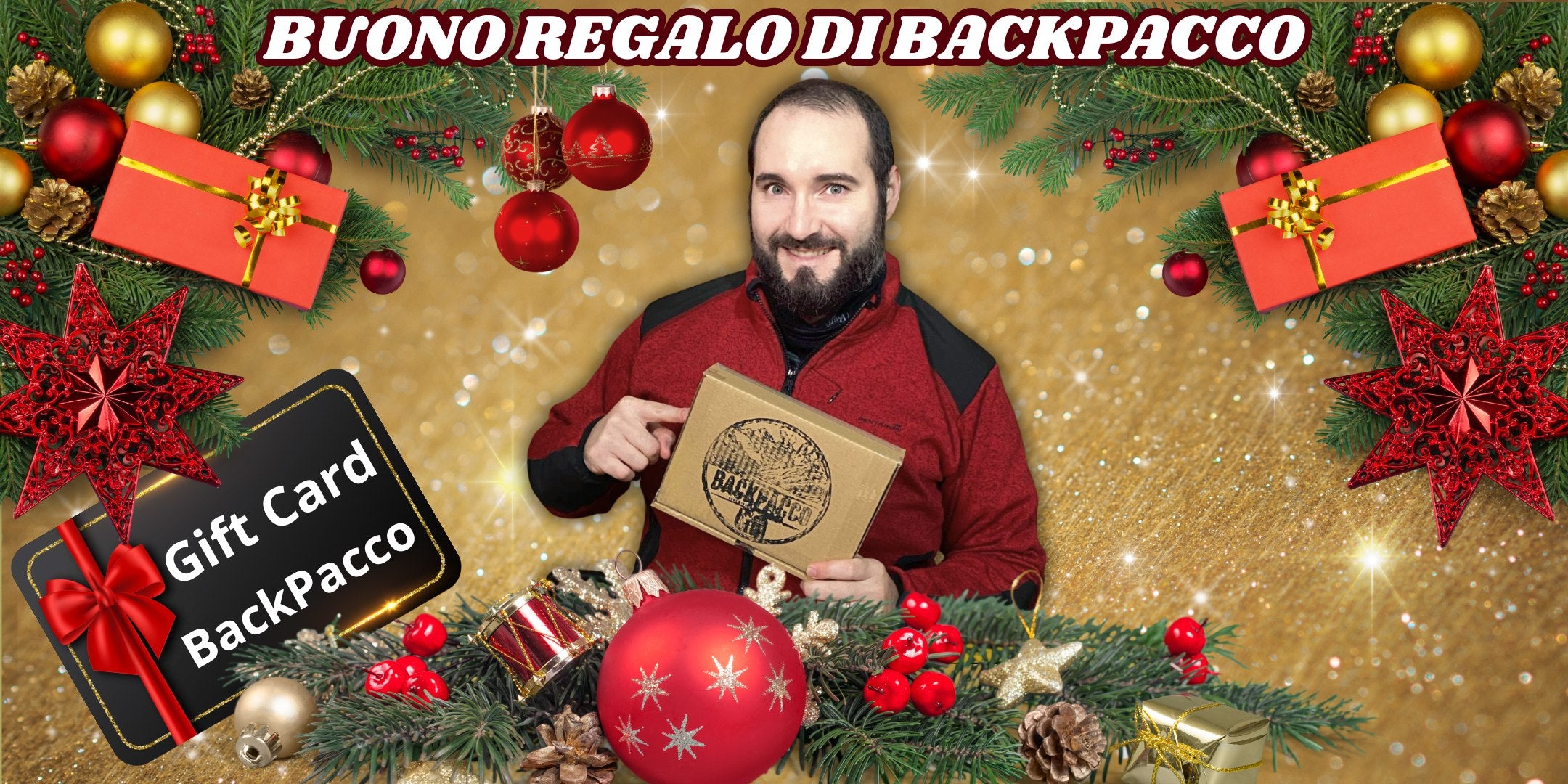 Buono regalo BackPacco Gift Card, banner promozionale di Natale con la foto di un uomo che tiene in mano una scatola del brand e una Gift Card, decorazioni festive rosse e dorate