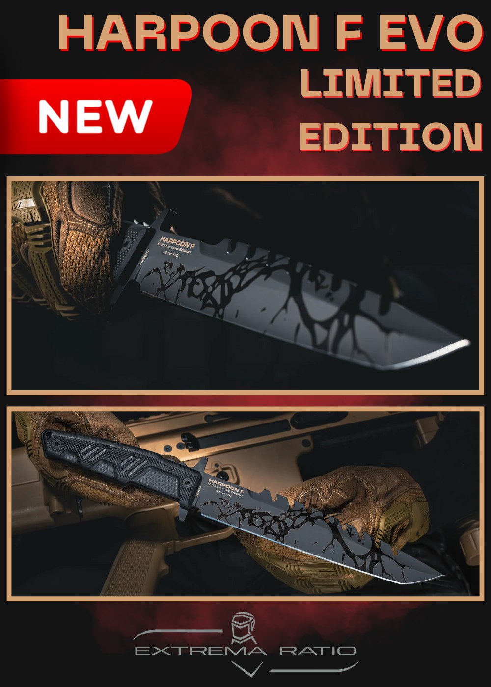Extrema Ratio Harpoon F EVO Limited Edition: Coltello a lama fissa tattico in serie limitata di 150 esemplari. Lama in acciaio N680 con seghettatura dorsale e finitura EVO. Impugnatura ergonomica in G10 e fodero tecnico incluso. Pezzo da collezione per professionisti e appassionati.