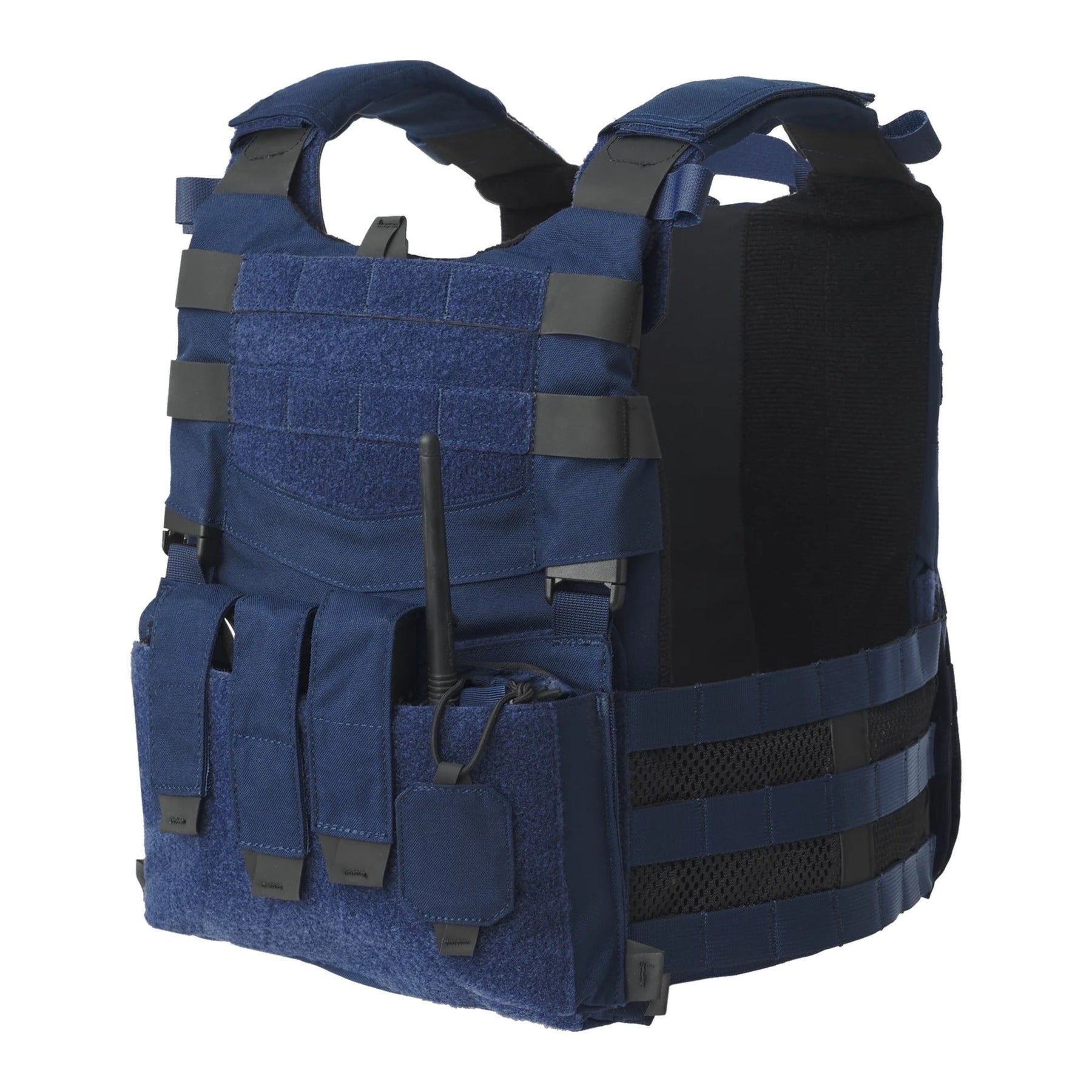 Set tattico Helikon-Tex Guardian Law Enforcement in Cordura 500D colore Sentinel Blue, con plate carrier, cummerbund, kangaroo flap e inserto Law Enforcement, vista tre quarti