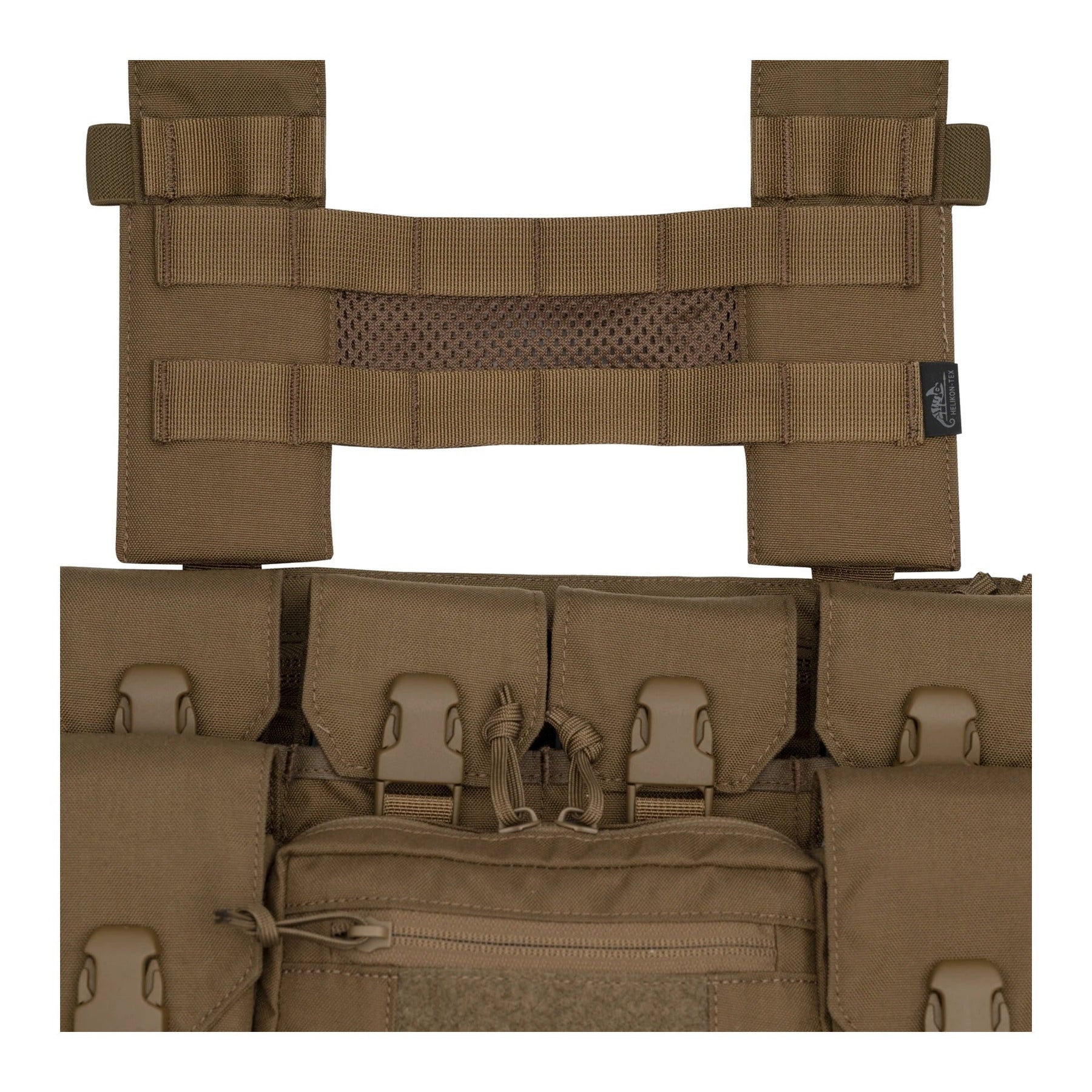Pannello MOLLE Helikon-Tex Guardian Chest Panel in Cordura per chest rig, con cinghia pettorale integrata e retina in poliestere, pannello montato in uso