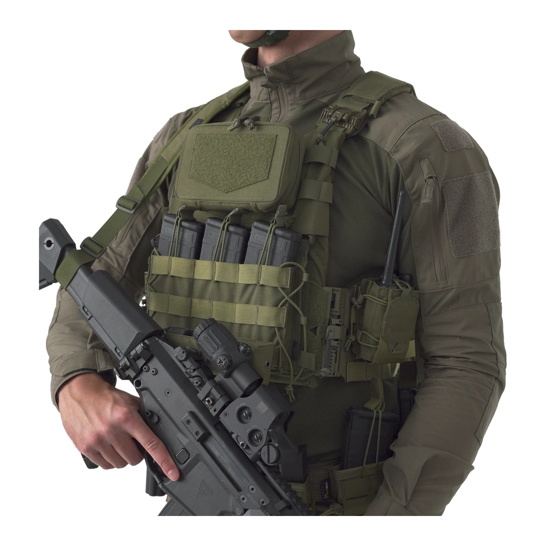Pannello frontale Helikon-Tex Guardian Flap in Cordura porta caricatori per il Guardian Plate Carrier, con tre tasche, elastico di ritenuta e pannellatura MOLLE/PALS, pannello in uso