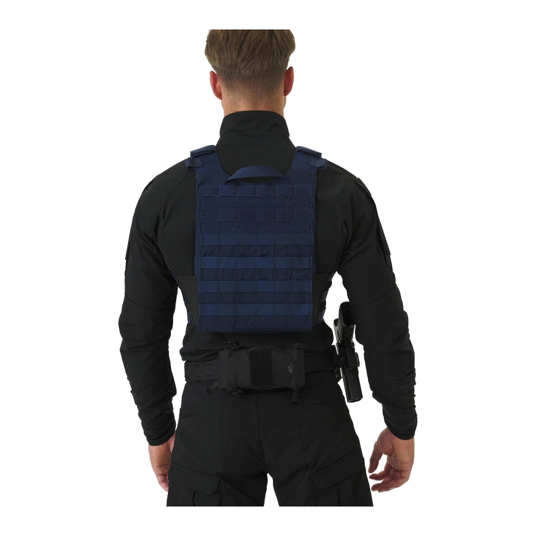 Set tattico Helikon-Tex Guardian Law Enforcement in Cordura 500D colore Sentinel Blue, con plate carrier, cummerbund, kangaroo flap e inserto Law Enforcement, indossato, vista posteriore