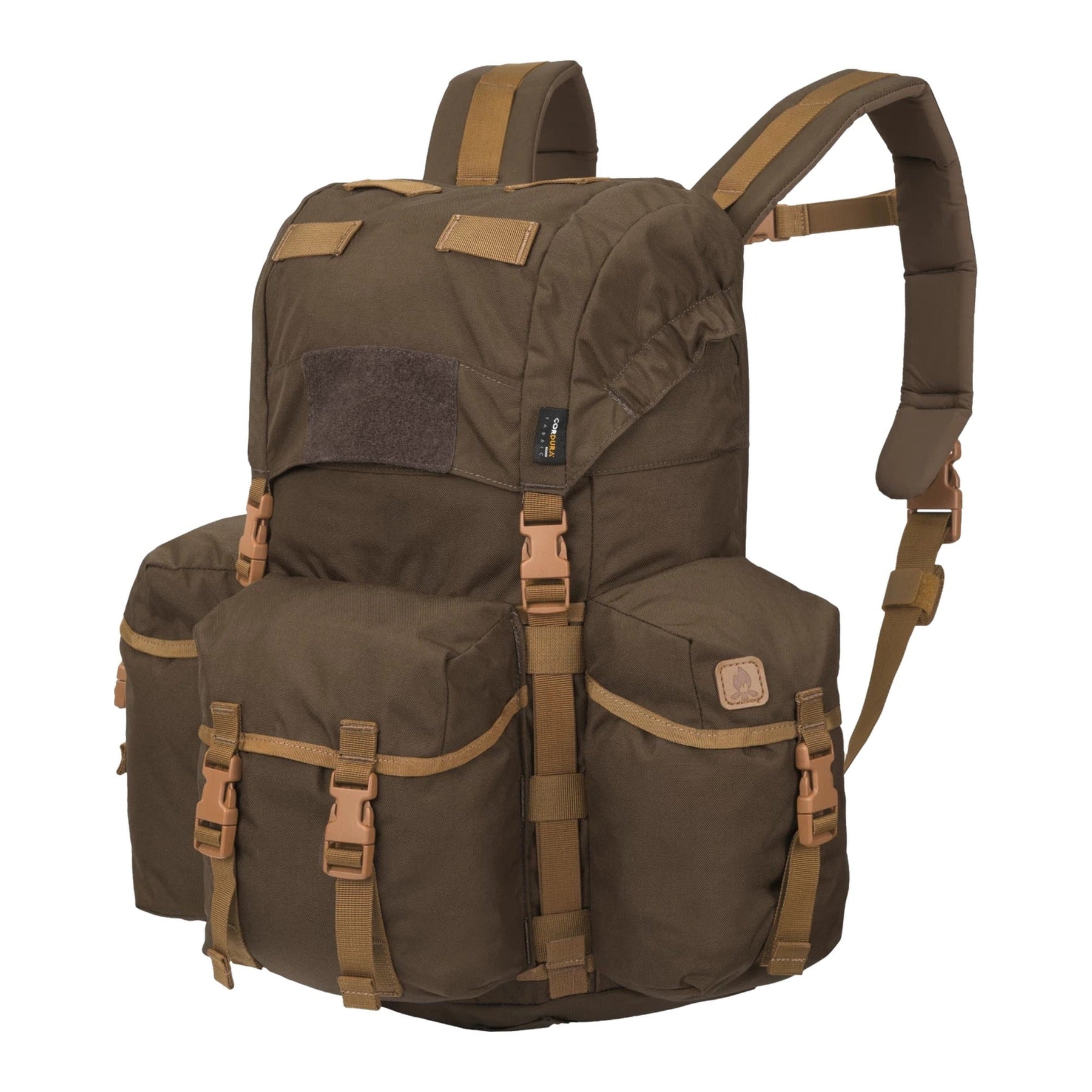 Zaino bushcraft Helikon-Tex Bergen Backpack da 25 litri in Cordura 500D, con tasche passanti per l'ascia, camino regolabile, scomparto per sacca idrica e cinghie di espansione, colore Earth Brown Clay