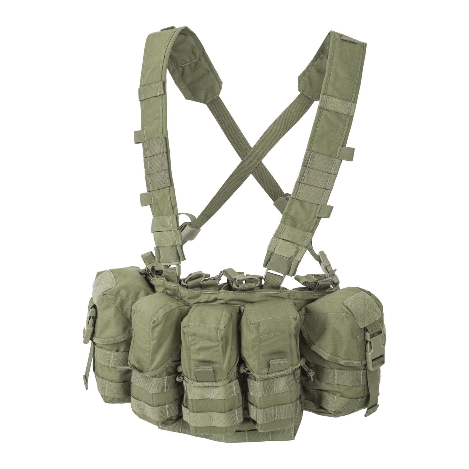 Chest rig tattico Helikon-Tex Guardian in Cordura 500D portacaricatori, con bretelle a sgancio rapido, cintura ventrale removibile, fodera in rete e fori di drenaggio, colore OD Green