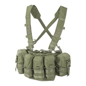 Chest rig tattico Helikon-Tex Guardian in Cordura 500D portacaricatori, con bretelle a sgancio rapido, cintura ventrale removibile, fodera in rete e fori di drenaggio, colore OD Green