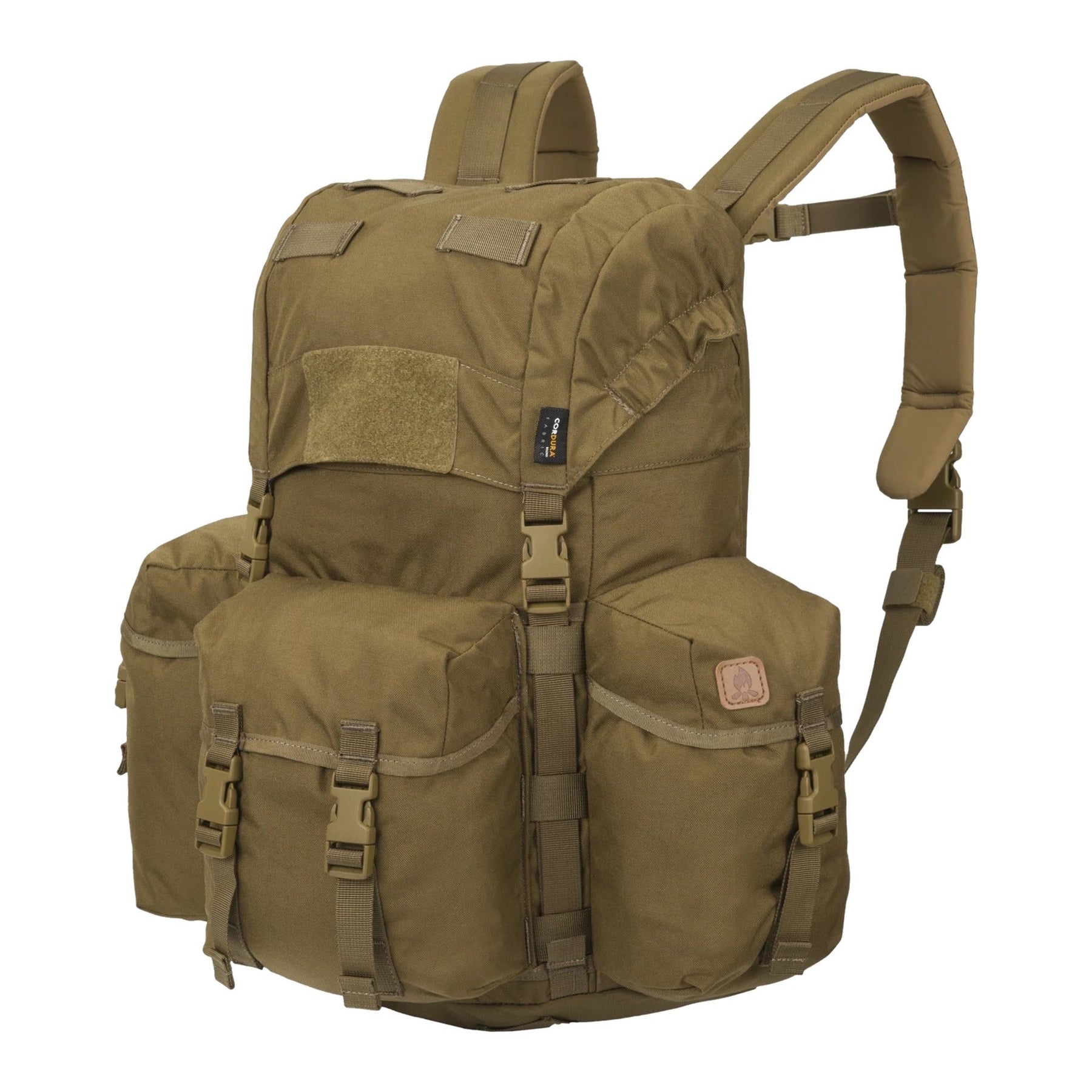 Zaino bushcraft Helikon-Tex Bergen Backpack da 25 litri in Cordura 500D, con tasche passanti per l'ascia, camino regolabile, scomparto per sacca idrica e cinghie di espansione, colore Coyote