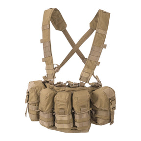 Chest rig tattico Helikon-Tex Guardian in Cordura 500D portacaricatori, con bretelle a sgancio rapido, cintura ventrale removibile, fodera in rete e fori di drenaggio, colore Coyote