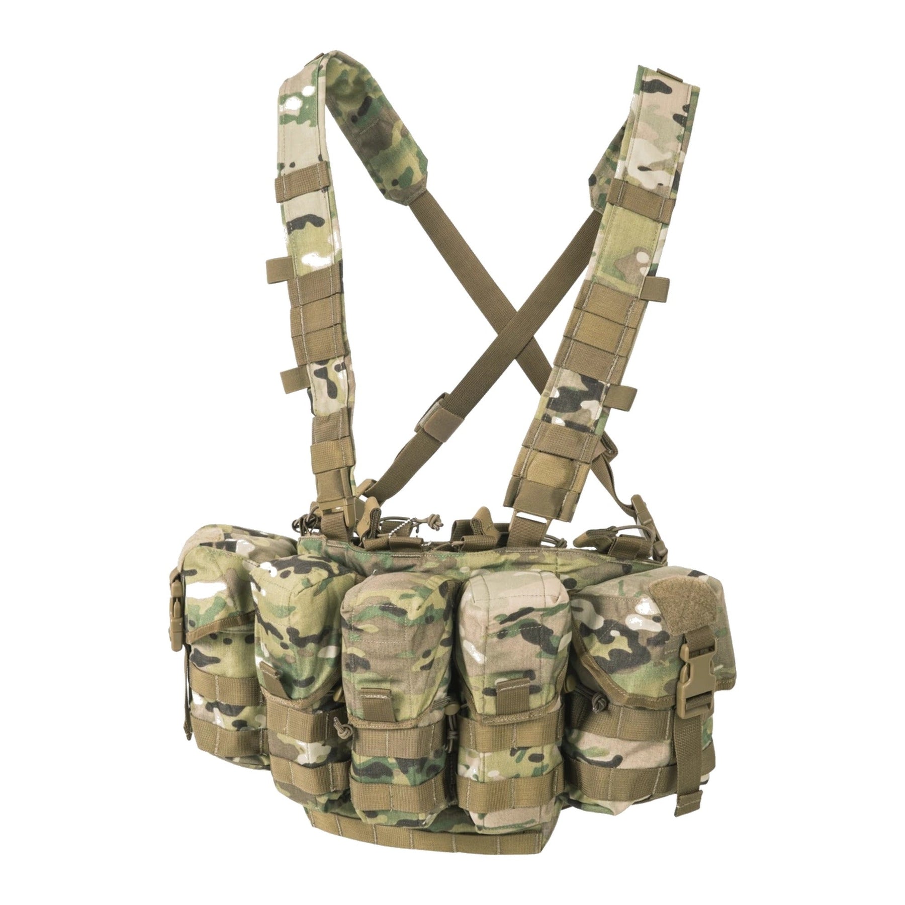 Chest rig tattico Helikon-Tex Guardian in Cordura 500D portacaricatori, con bretelle a sgancio rapido, cintura ventrale removibile, fodera in rete e fori di drenaggio, colore Multicam