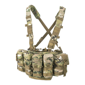 Chest rig tattico Helikon-Tex Guardian in Cordura 500D portacaricatori, con bretelle a sgancio rapido, cintura ventrale removibile, fodera in rete e fori di drenaggio, colore Multicam
