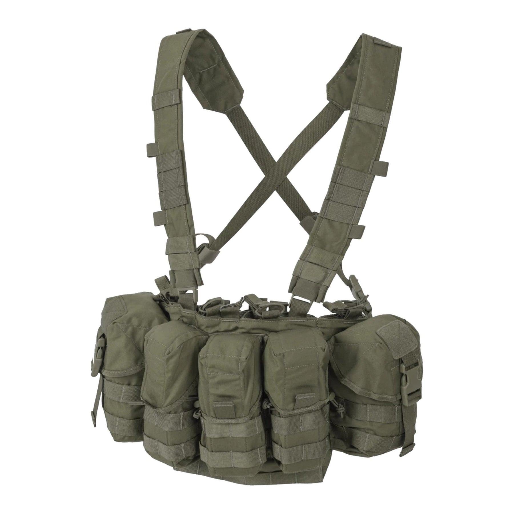 Chest rig tattico Helikon-Tex Guardian in Cordura 500D portacaricatori, con bretelle a sgancio rapido, cintura ventrale removibile, fodera in rete e fori di drenaggio, colore Adaptive Green