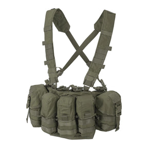 Chest rig tattico Helikon-Tex Guardian in Cordura 500D portacaricatori, con bretelle a sgancio rapido, cintura ventrale removibile, fodera in rete e fori di drenaggio, colore Adaptive Green