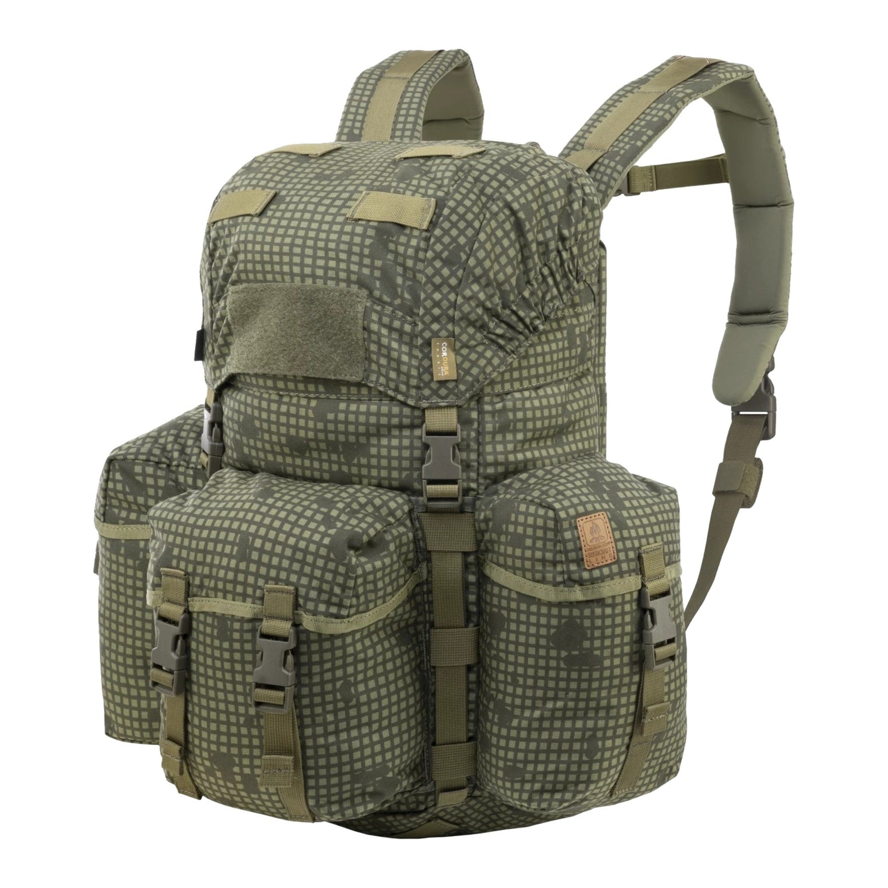 Zaino bushcraft Helikon-Tex Bergen Backpack da 25 litri in Cordura 500D, con tasche passanti per l'ascia, camino regolabile, scomparto per sacca idrica e cinghie di espansione, colore Desert Night Camo